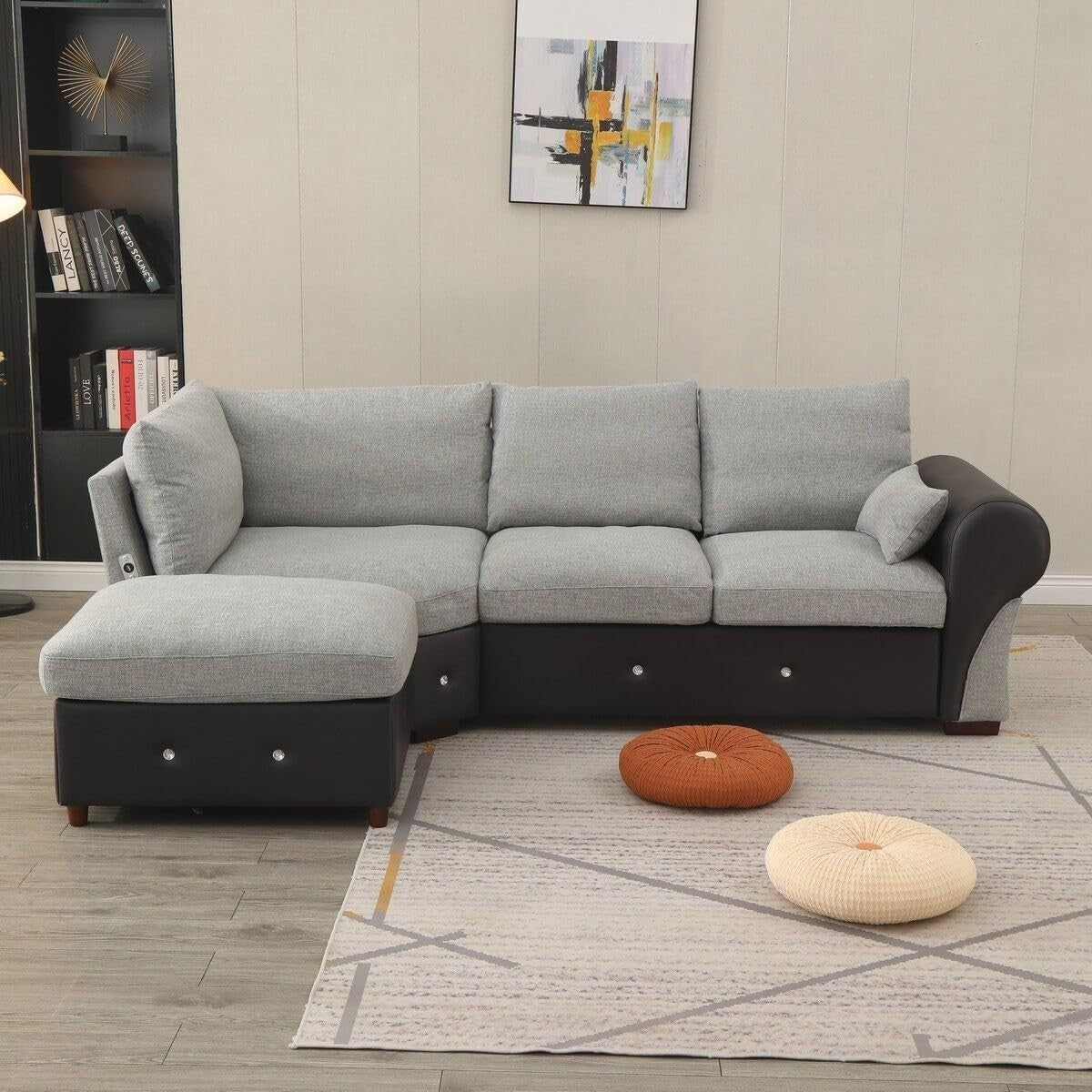 4 Seater L-Shaped Corner Sofa with USB Port Chaise – Linen Fabric, Modern