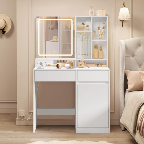 Vanity Dressing Table Desk w/ Lighted Mirror USB AC Outlet Storage Drawers