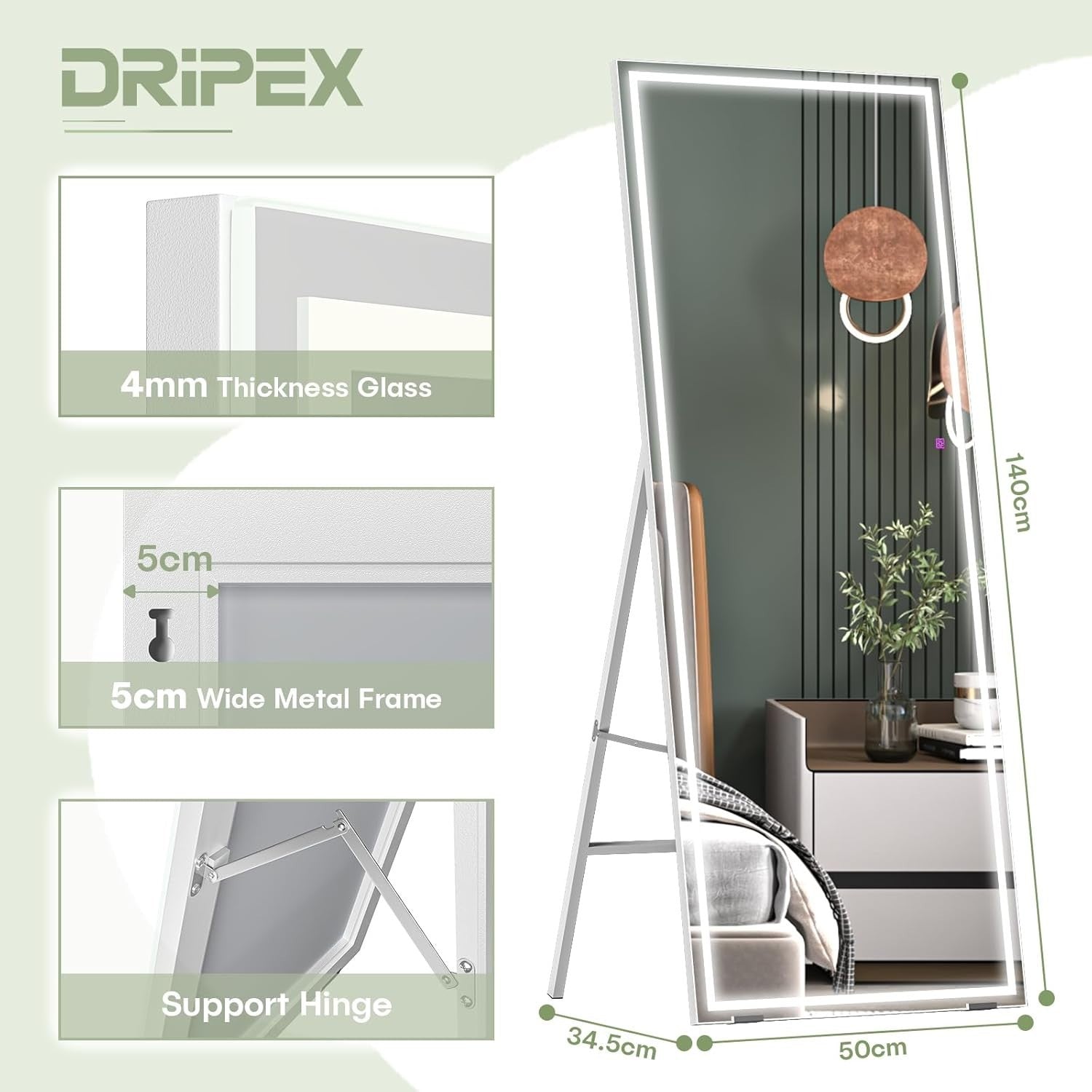 LED Full Length Mirror 140x50cm Wall Mounted with Lights & Dimming Touch