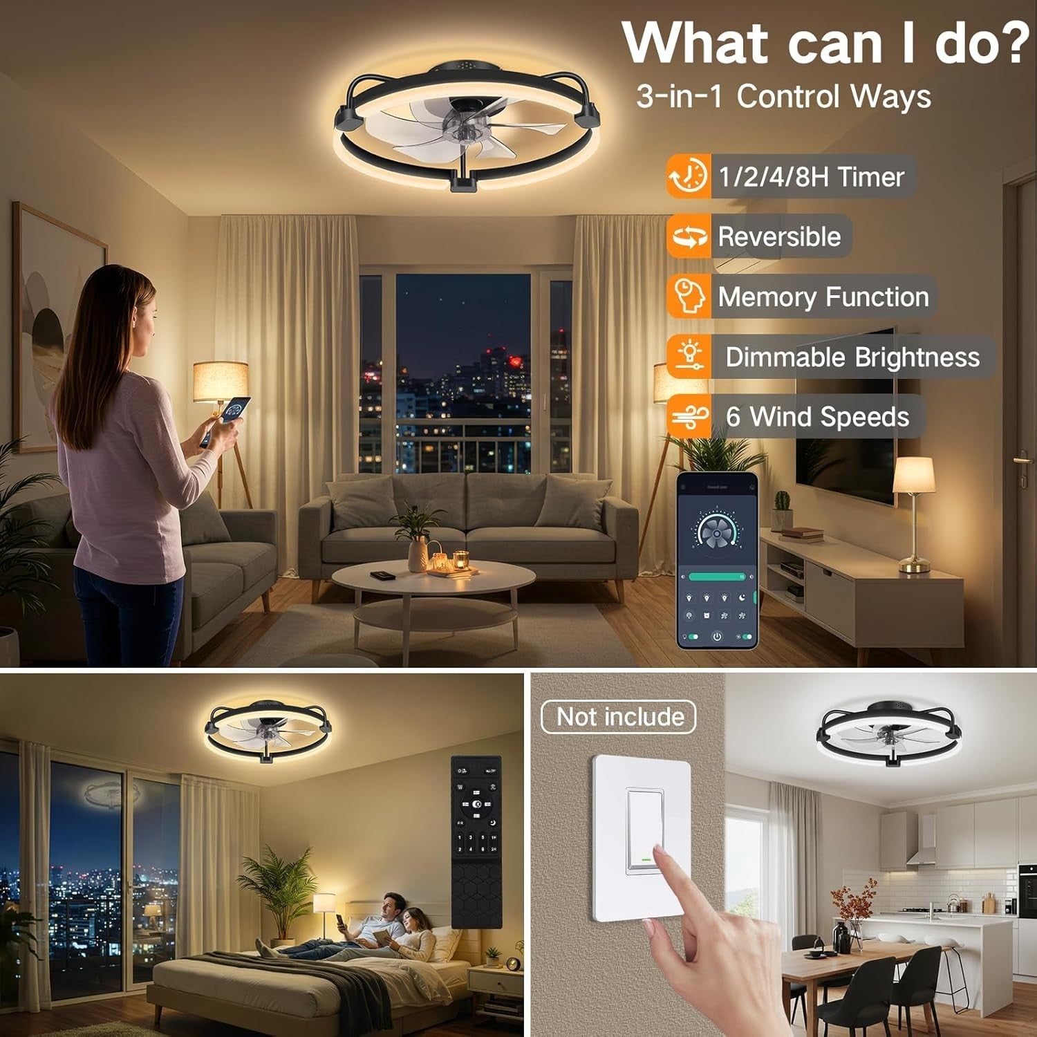50CM Ceiling Fan with Light, 6-Speed, Remote, Reversible, Black, LED