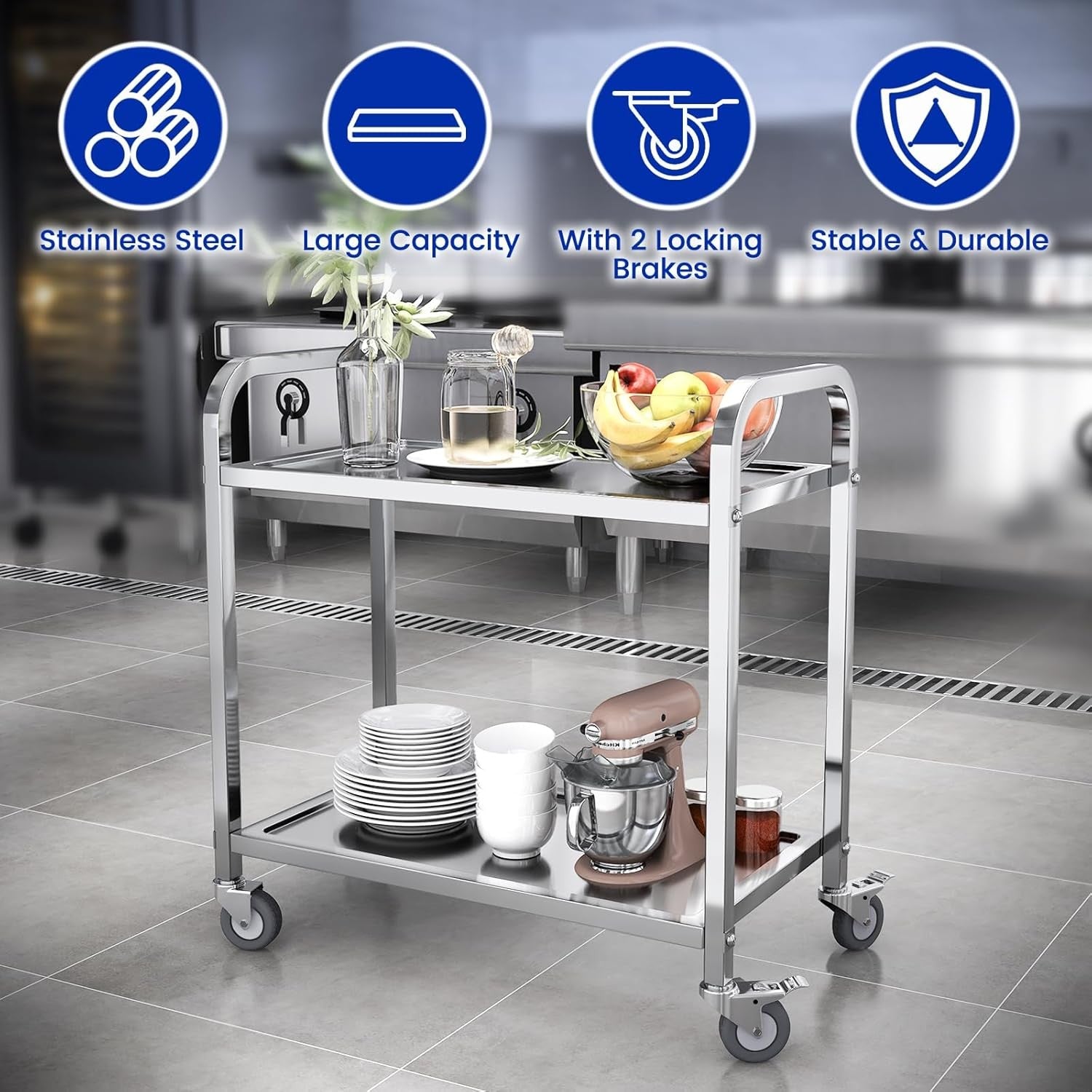 Stainless Steel Kitchen Trolley 2 Tier Service Cart Locking Wheels