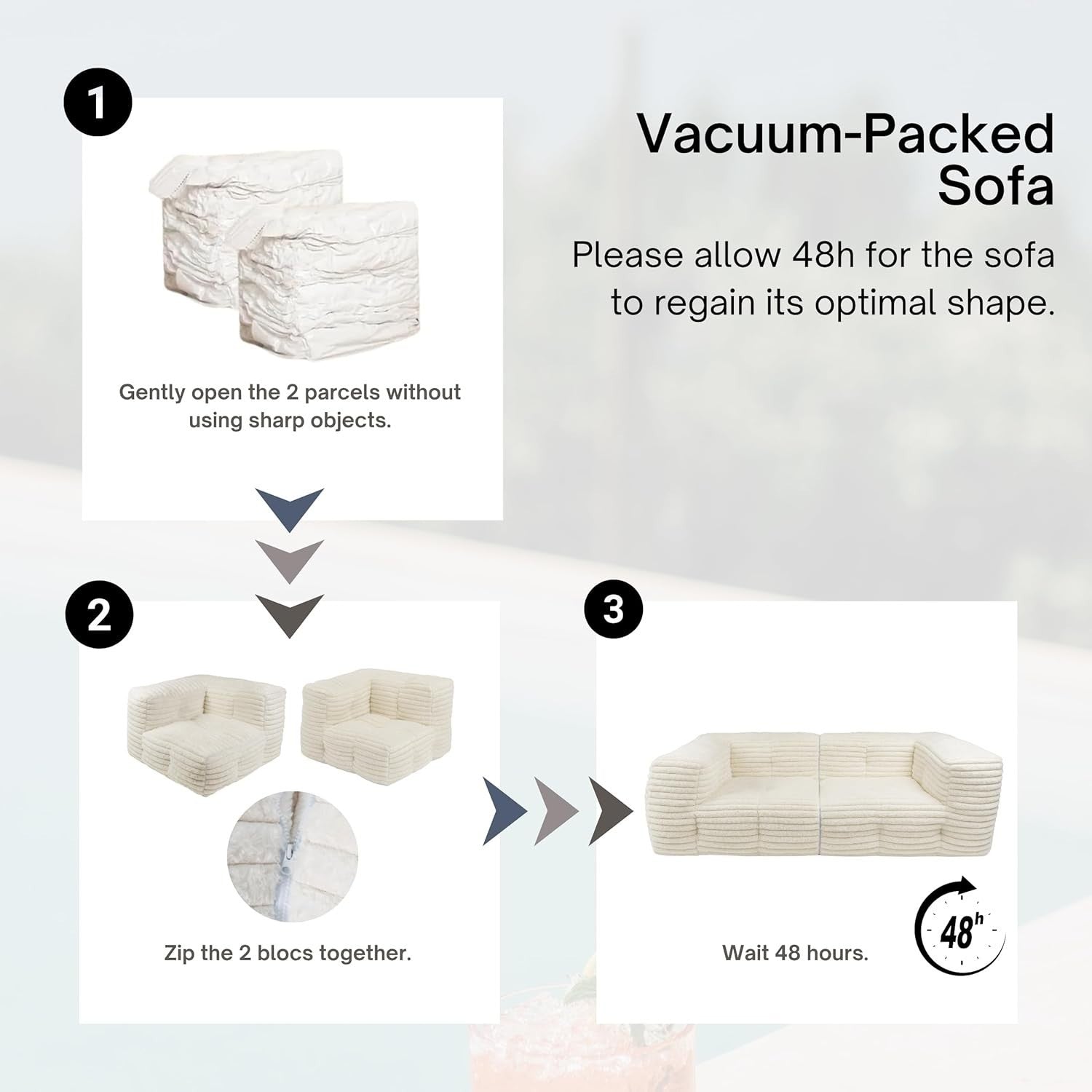 Modular 3 Seater Faux Fur Sofa Bed w/ Detachable Bean Bags, Soft & Plush