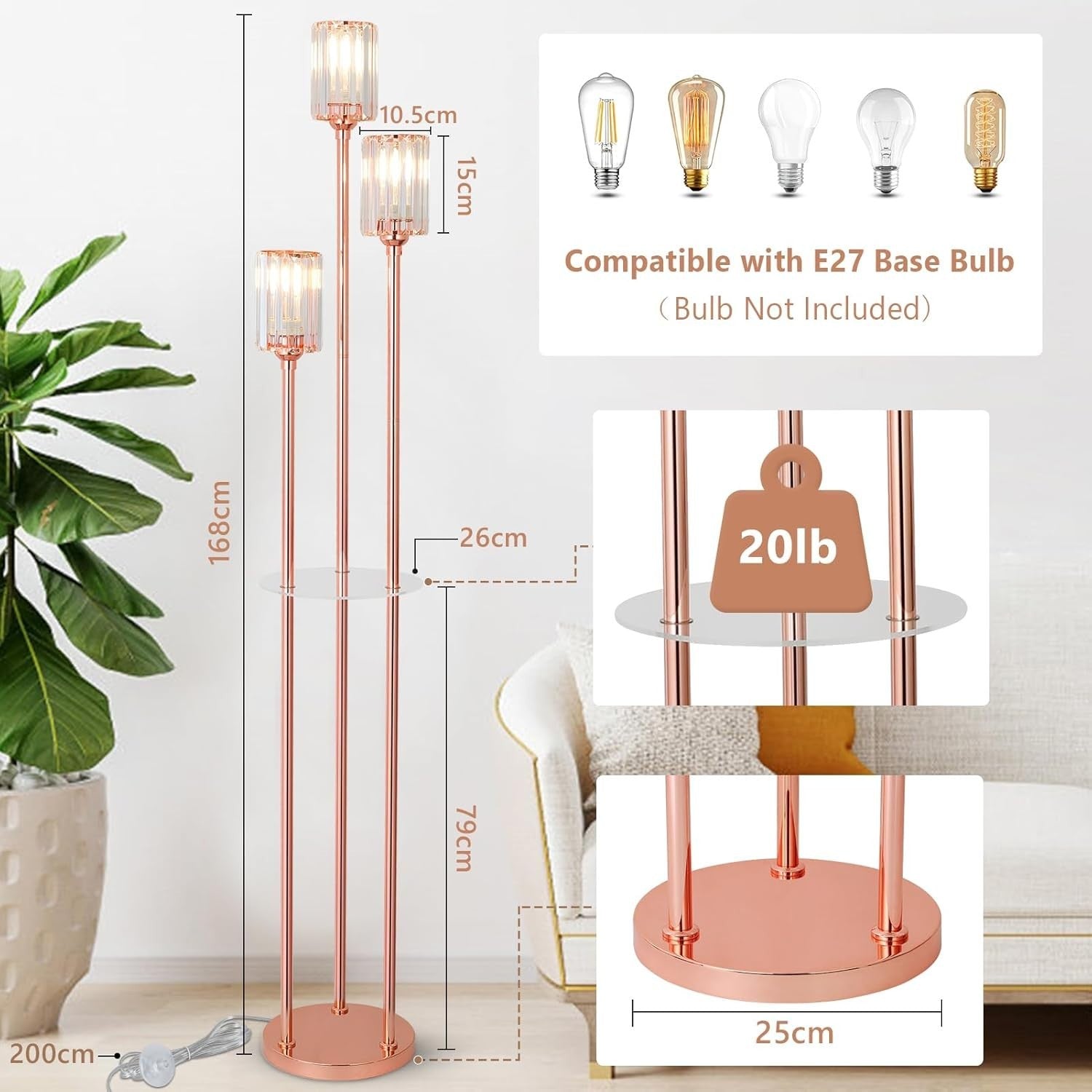 3-Light Rose Gold Floor Lamp with Glass Shades & Shelves | Modern Standing Light