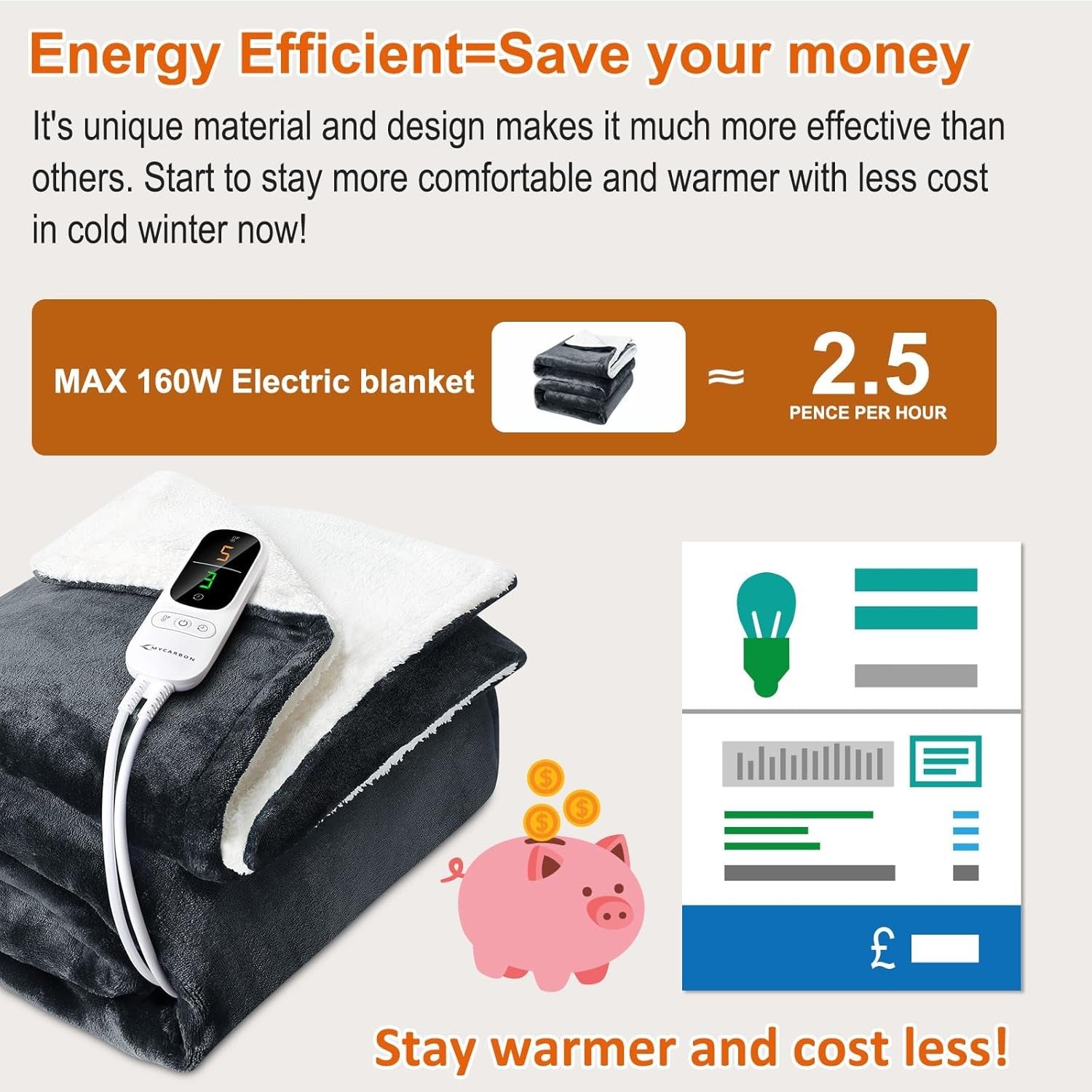 Electric Heated Throw Blanket 160x180cm Sherpa Fleece 6 Heat Grey