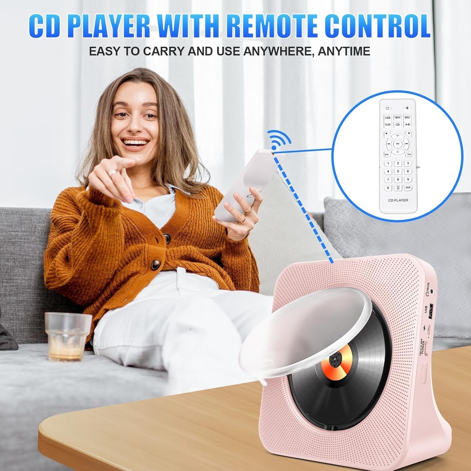 Pink Bluetooth CD Player FM Radio USB AUX HiFi Speakers Remote LED
