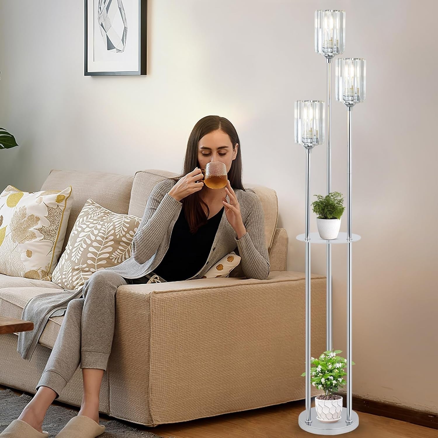 3-Light Modern Floor Lamp with Shelves | Crystal Shades | Chrome Finish