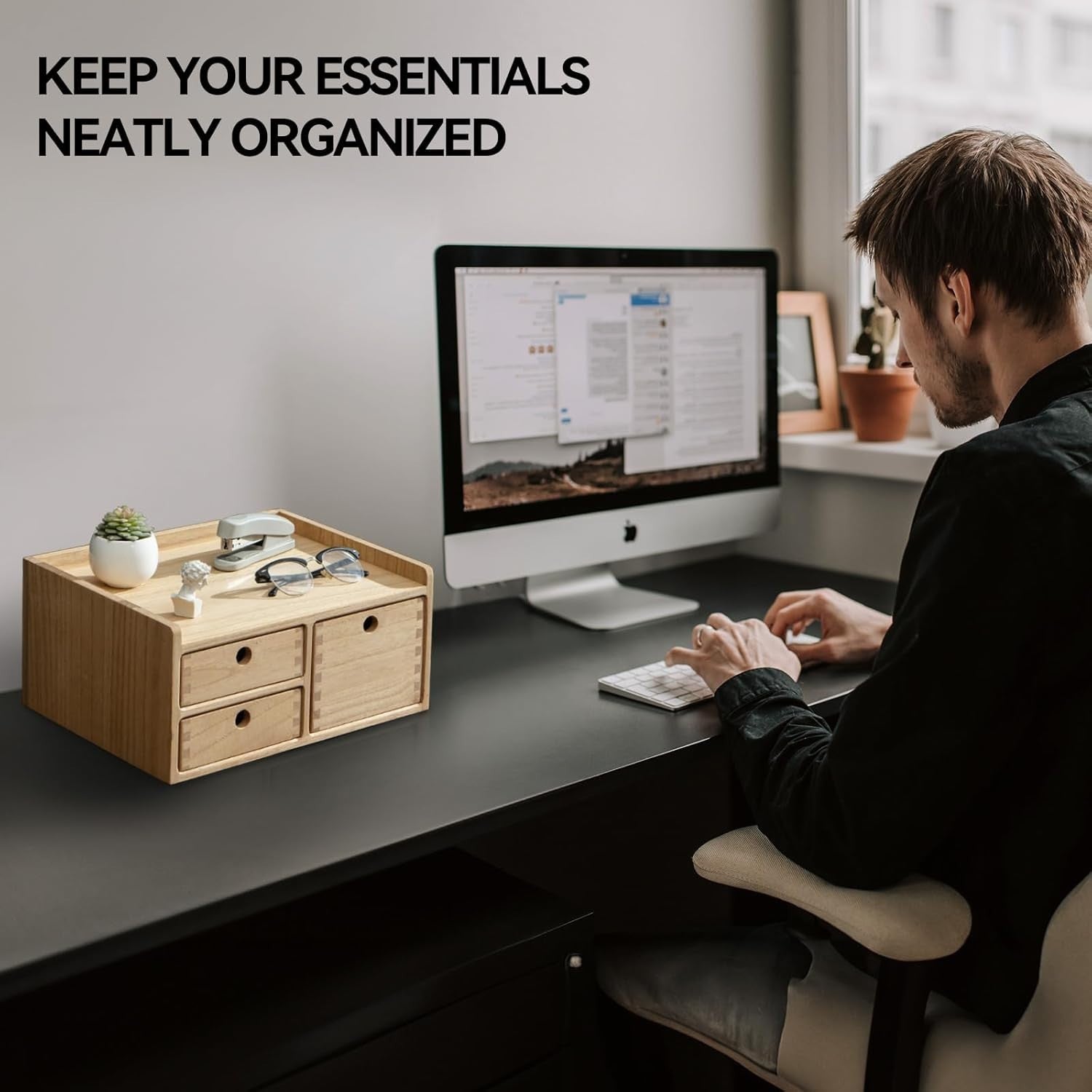 Wood Desk Organizer with Drawers & Shelf | Office Storage Box for Home
