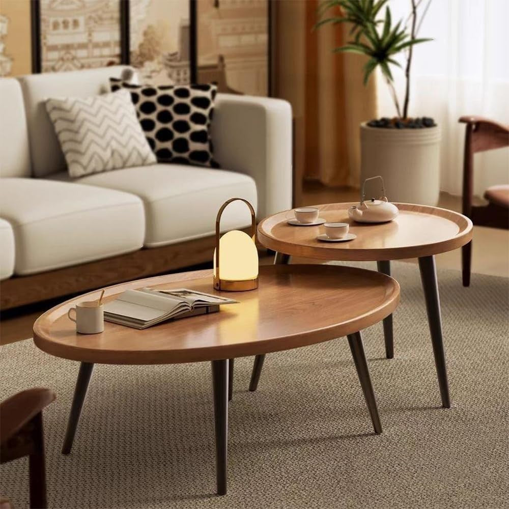 Nesting Coffee Table Set with Storage – Oval Wood & Metal Side Tables
