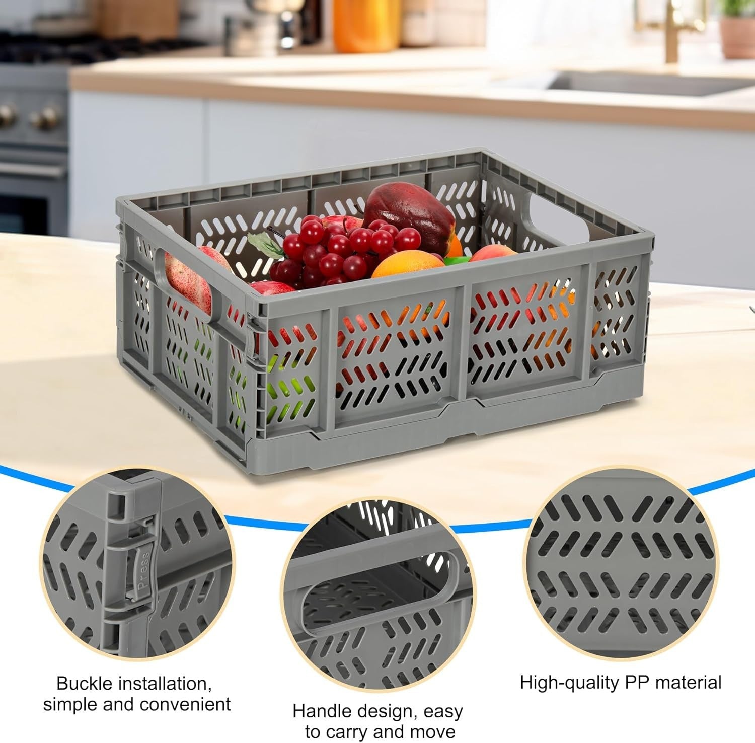 4x 20L Folding Storage Crates Collapsible Plastic Stackable Bins Grey