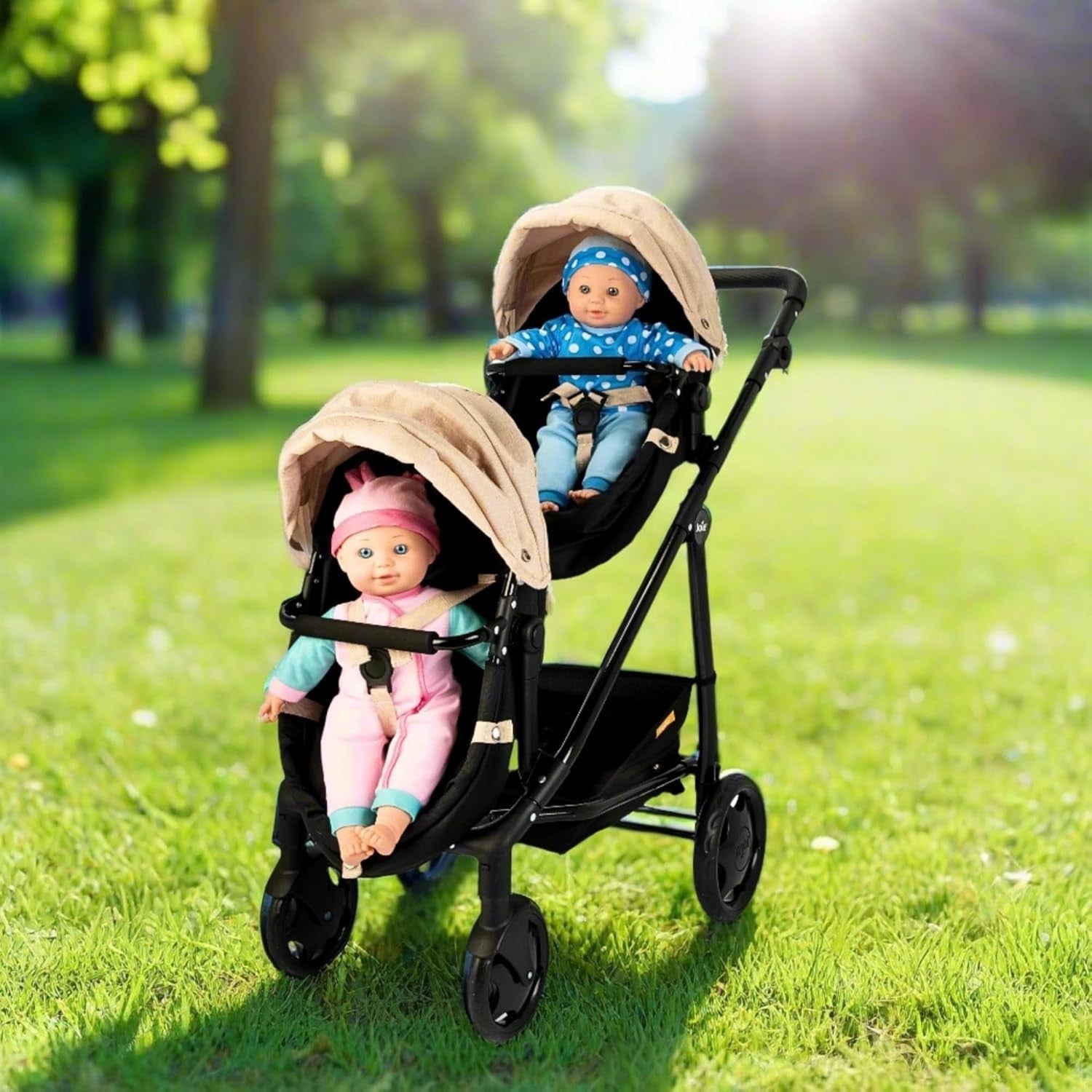 Double Dolls Pram Twin Pushchair Toy, Adjustable Handle, Fold Flat