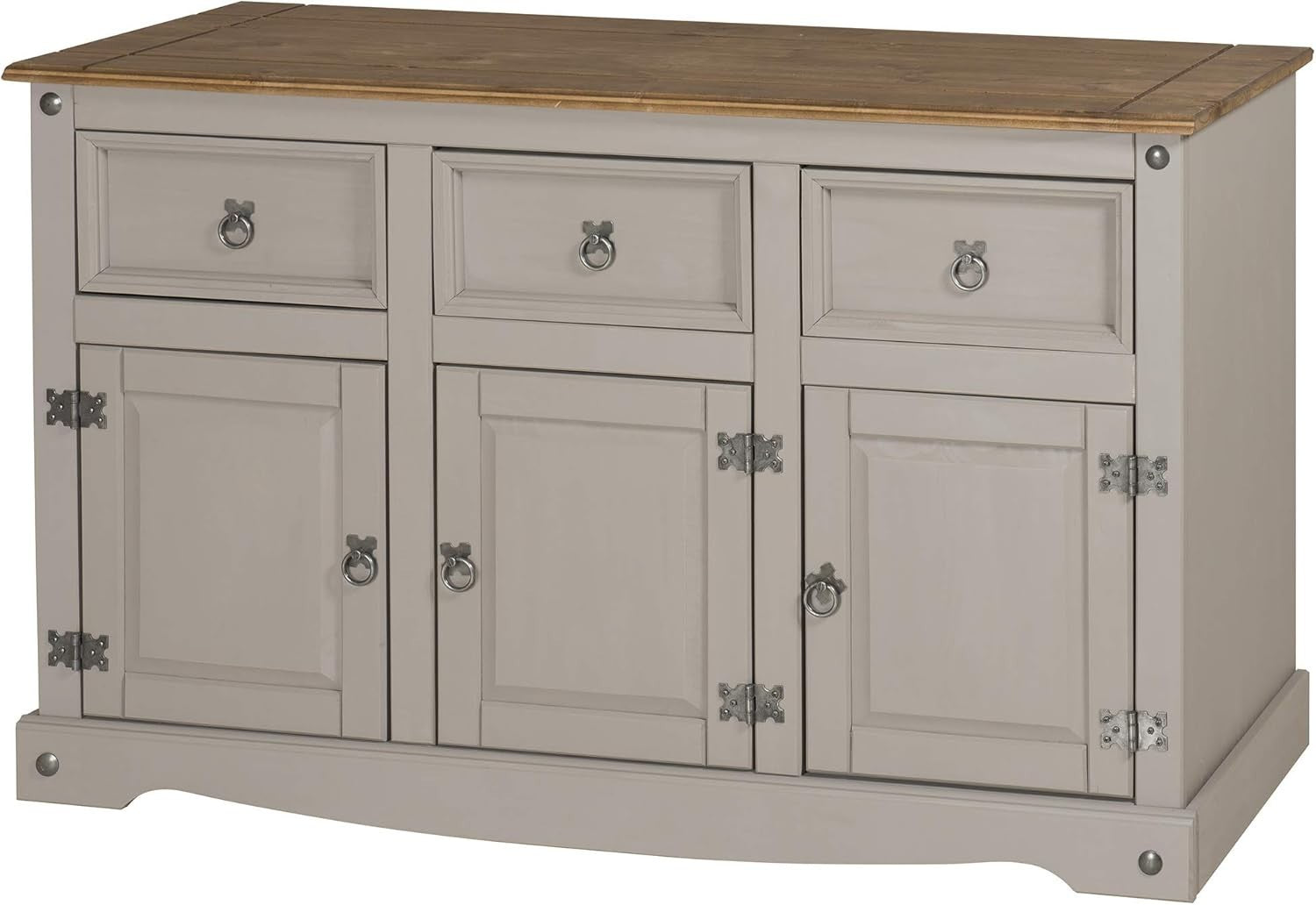 Grey Solid Pine Sideboard 3 Door 3 Drawer Cabinet Rustic Wax Finish