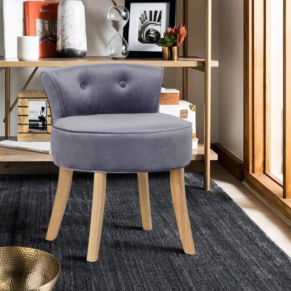 Grey Velvet Low-Back Vanity Chair – Soft Dressing Table Stool with Wood Legs