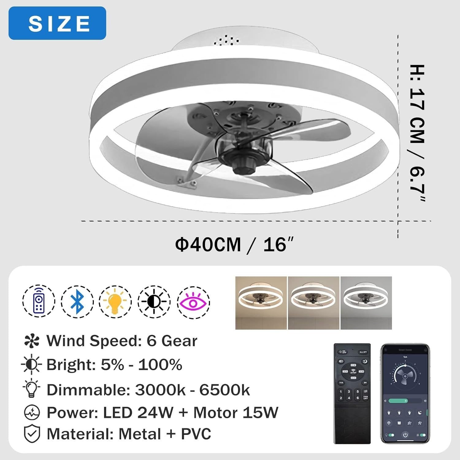 40CM LED Ceiling Fan Light, 6 Speeds, Remote & App Control, Dimmable, Brown