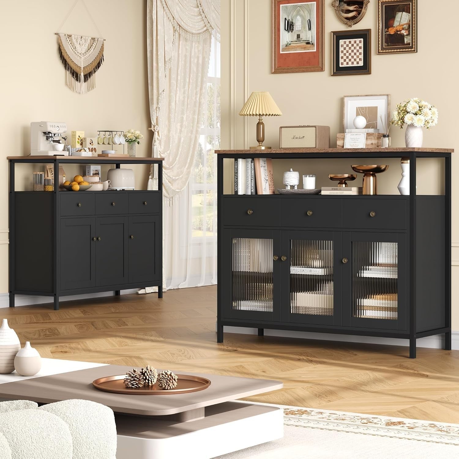 Modern Black Sideboard Cabinet with Glass Doors, Drawers, Adjustable Shelves