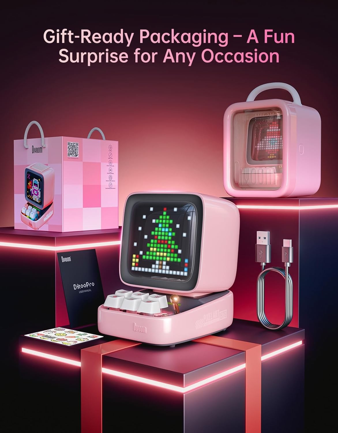Retro Pixel Art Bluetooth Speaker RGB Display Alarm Clock Pink Desktop