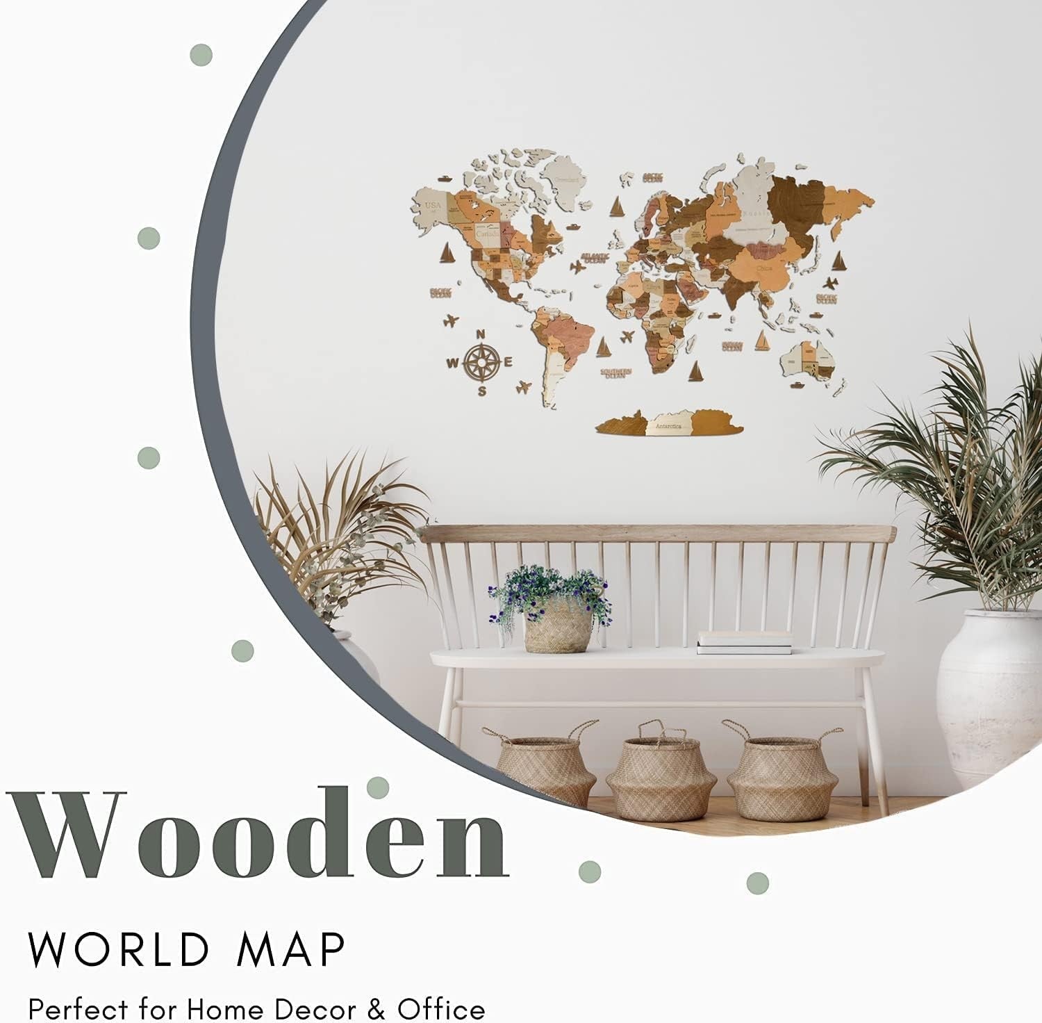 3D Wooden World Map Wall Art California Travel Home Office Decor