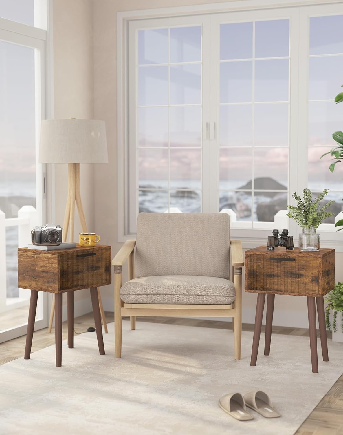 Rustic Wood Bedside Tables Set of 2 – Small Nightstands with Drawer & Tall Legs
