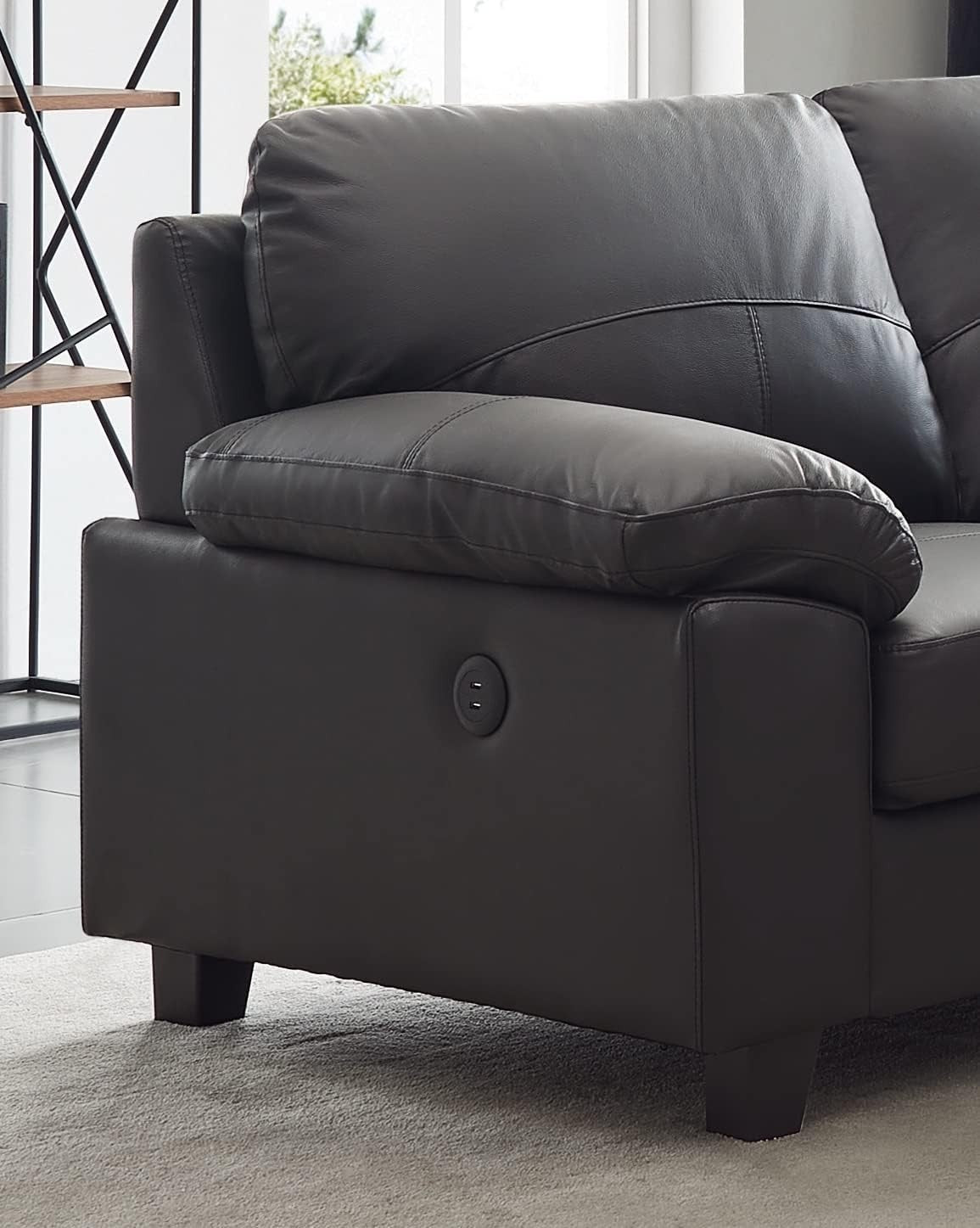 Black Genuine Leather L-Shape Corner Sofa with USB Ports Boston 5 Seater