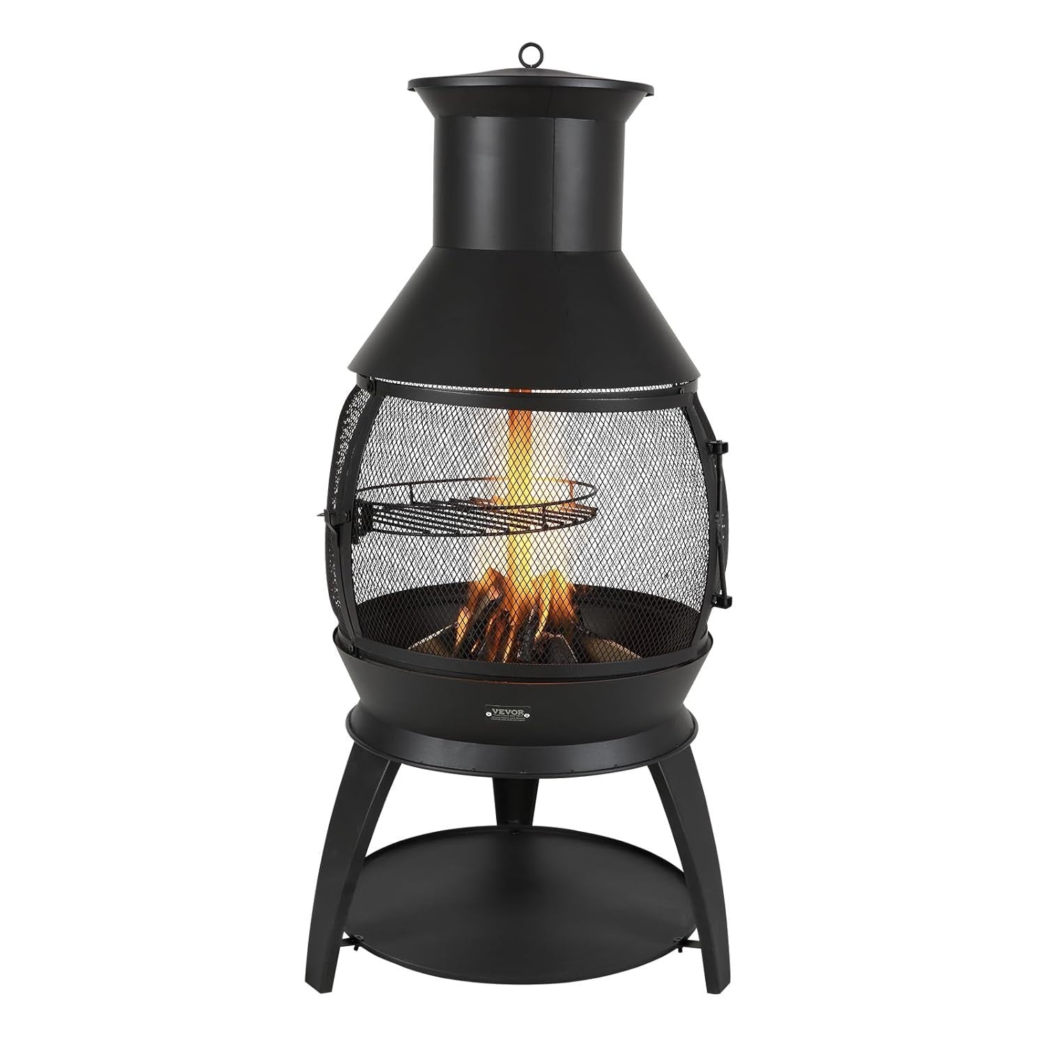 Outdoor Wood Burning Chiminea Fire Pit with Grill Mesh & Chimney Patio Heater