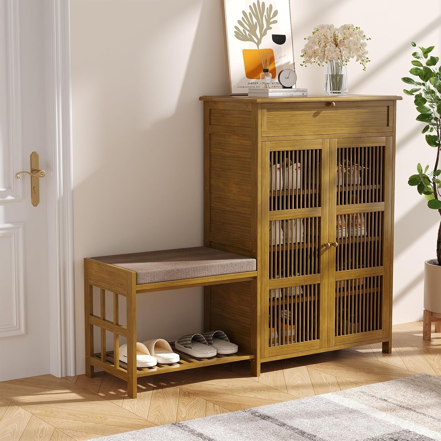 Shoe Storage Bench with Seat & Drawer 4-Tier Adjustable Shelves 65x35x99cm