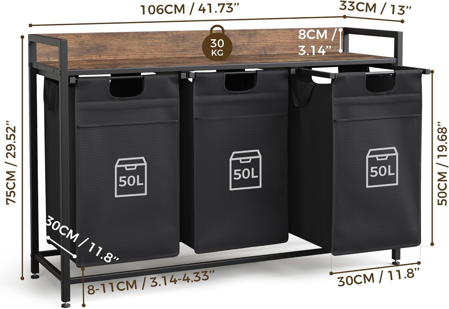 3-Section Laundry Hamper on Wheels with Shelf | 50L Bags | 106cm Storage Unit
