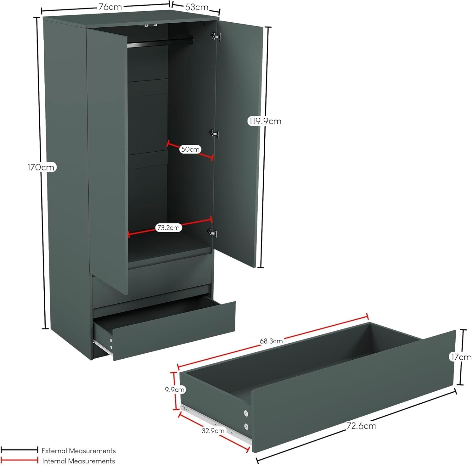 Modern 2 Door Wardrobe with 2 Drawers | Durable Storage & Magnetic Latch