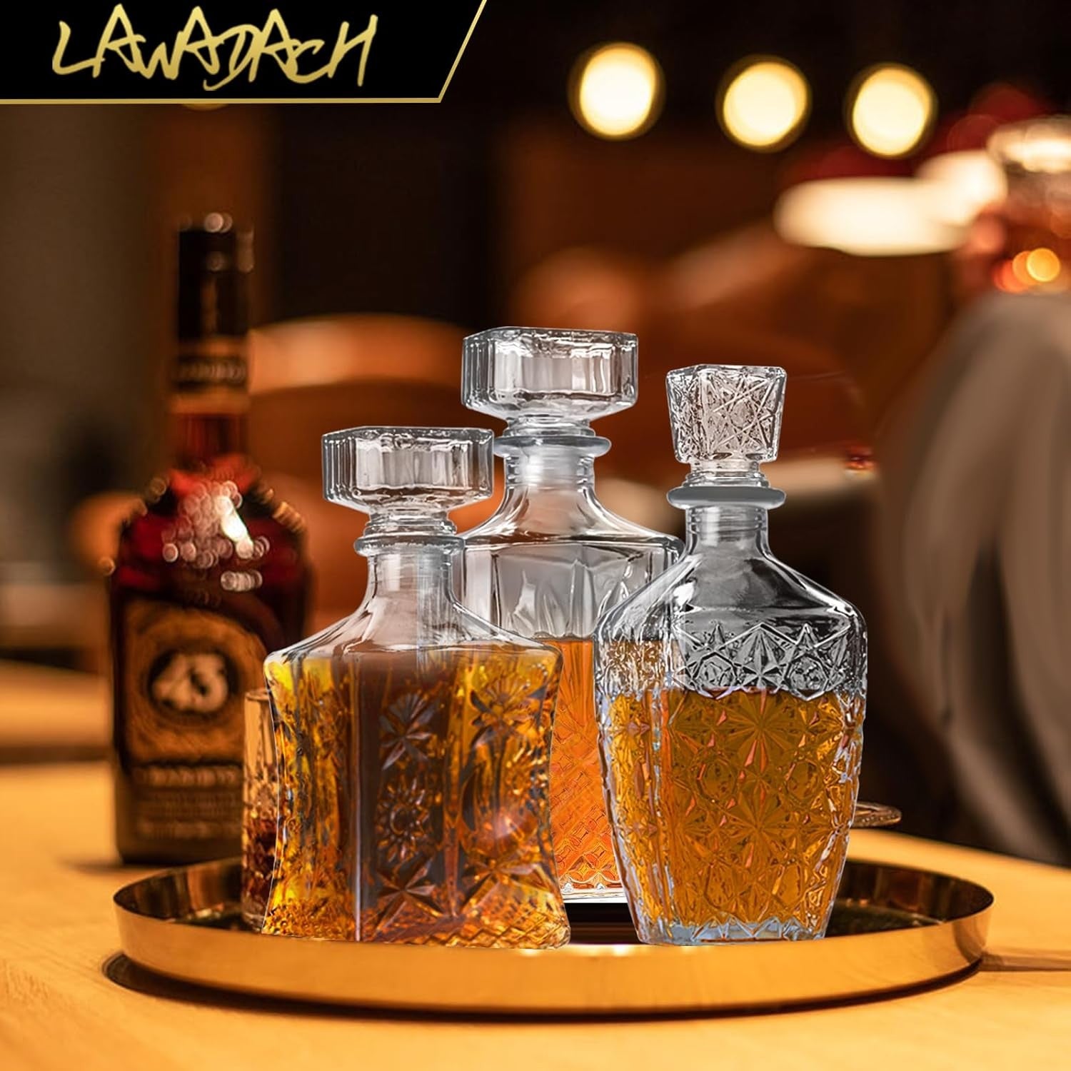 Luxury Glass Whiskey Decanter Set of 3 Vintage Cut Bar Bottles