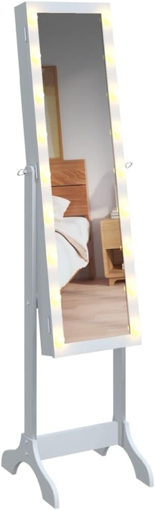 LED Standing Mirror Jewelry Cabinet Tilt Adjustable Storage Armoire White