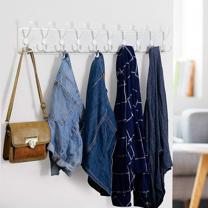 Rustic White Wall Mounted Coat Rack 2 Pack 98cm | 10 Triple Hooks Wooden Hanger
