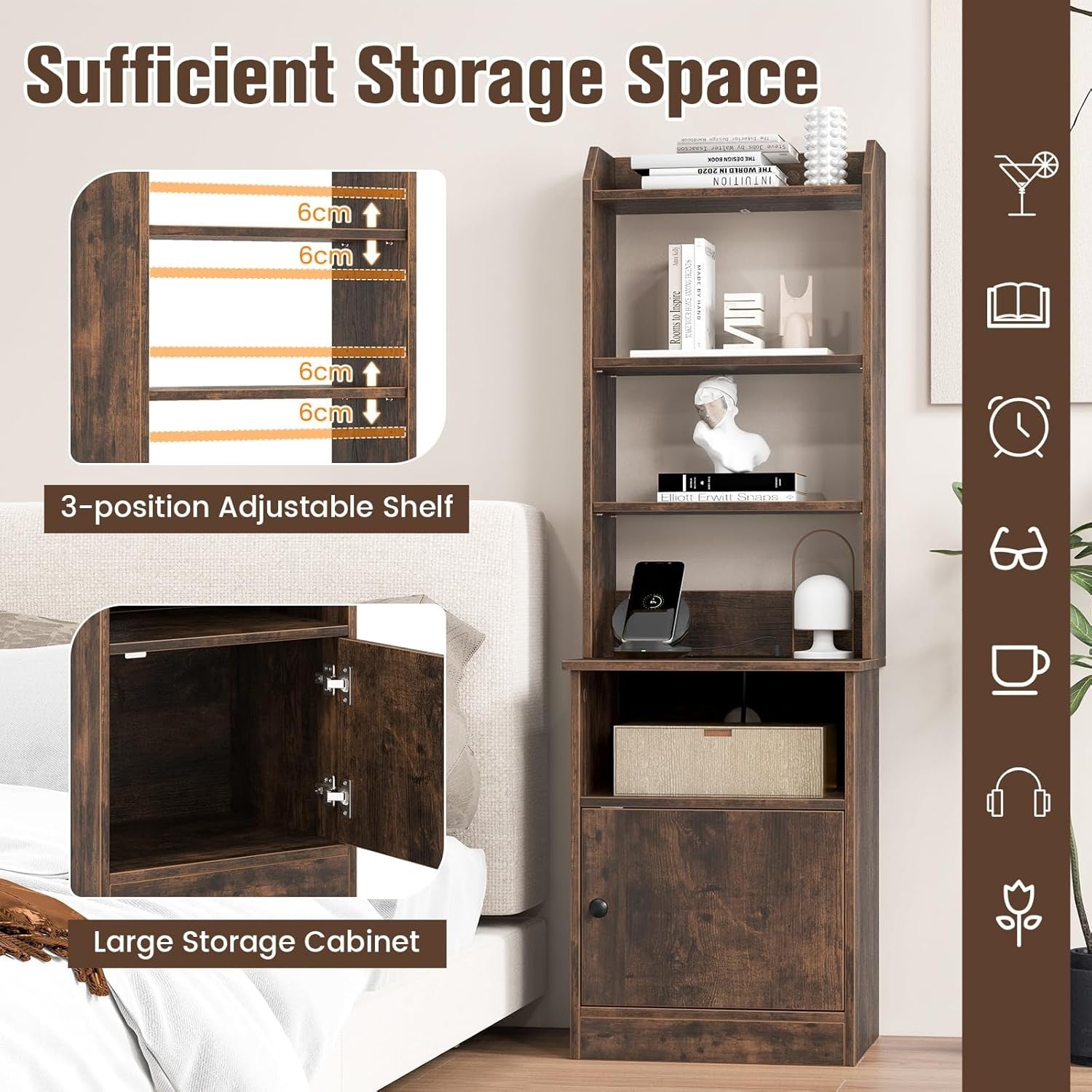 140cm Tall Rustic Brown Bedside Table with Charging Station & Adjustable Bookshe