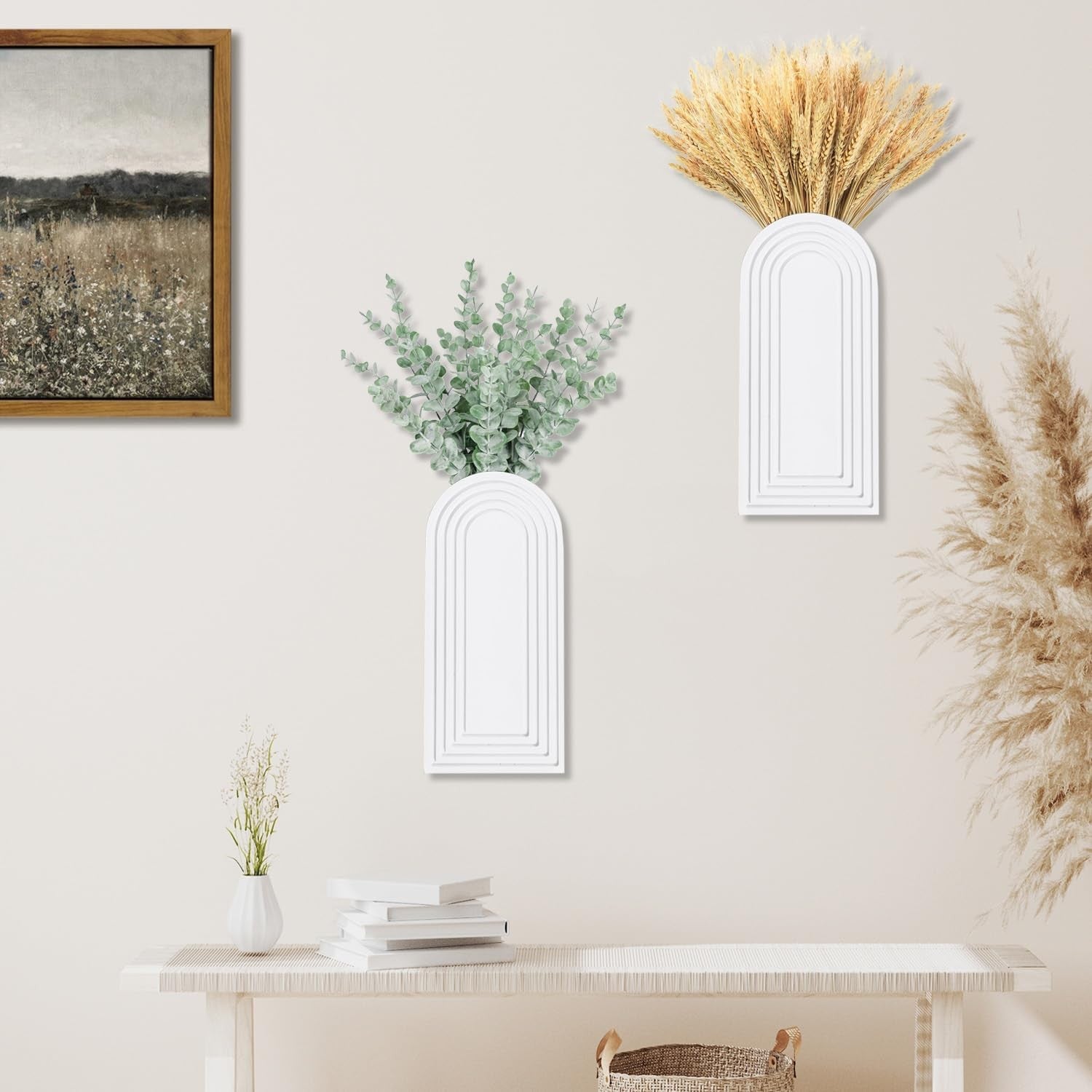 Modern Wall Wood Vase Set of 2 White Farmhouse Entryway Hanging Decor