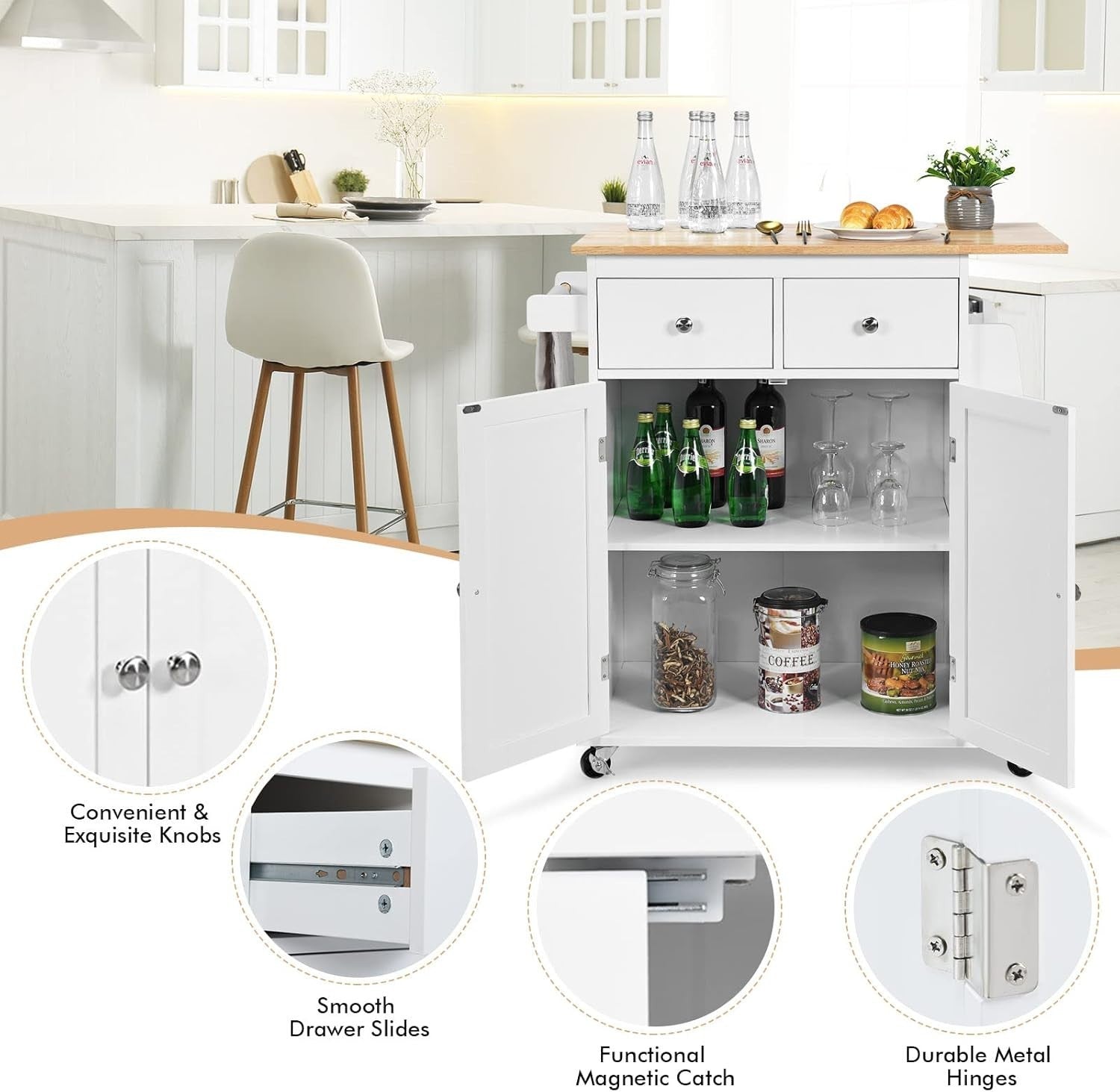 Kitchen Island Trolley with 2 Drawers & Spice Rack White 88x45x90cm