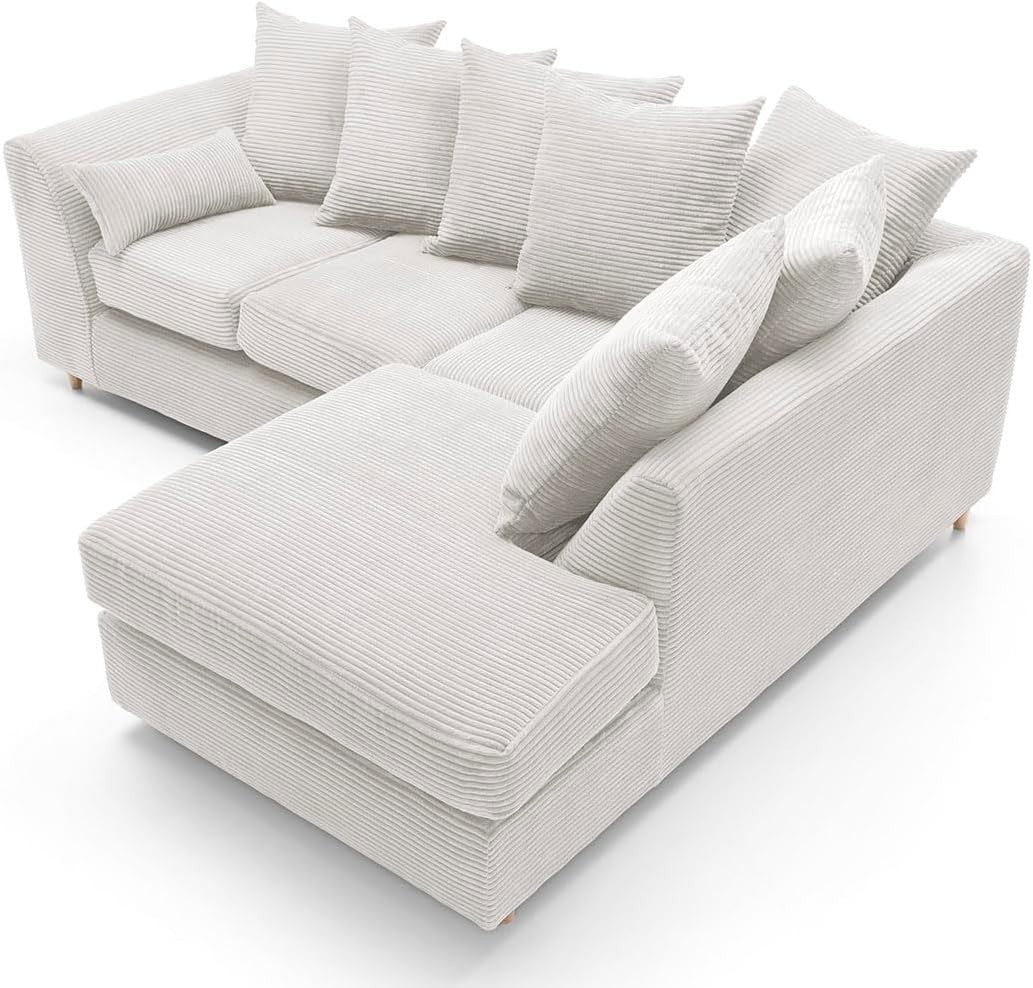White Jumbo Cord Right Hand L Shaped Sofa | Deep Cushions | Durable Wood Frame