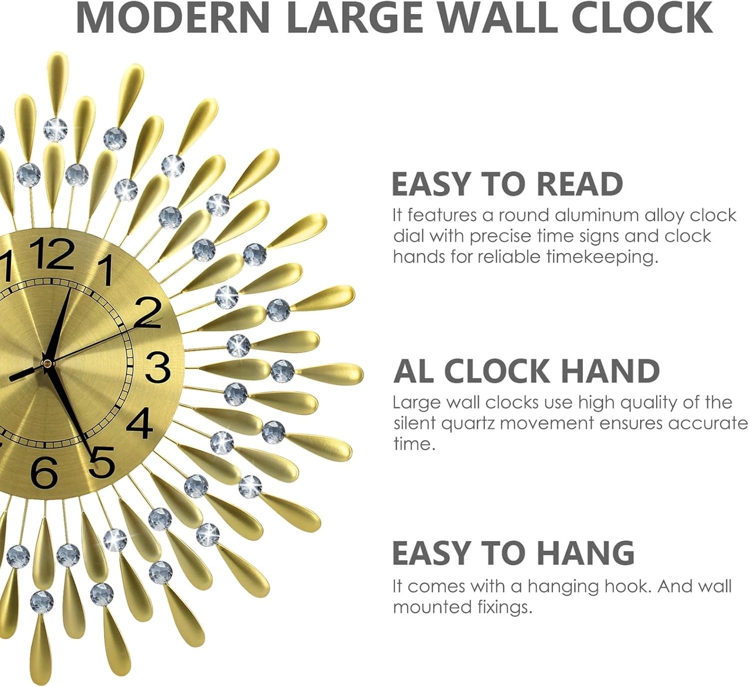 60cm Golden Sunburst Wall Clock – Luxury Diamante Beaded Metal Design