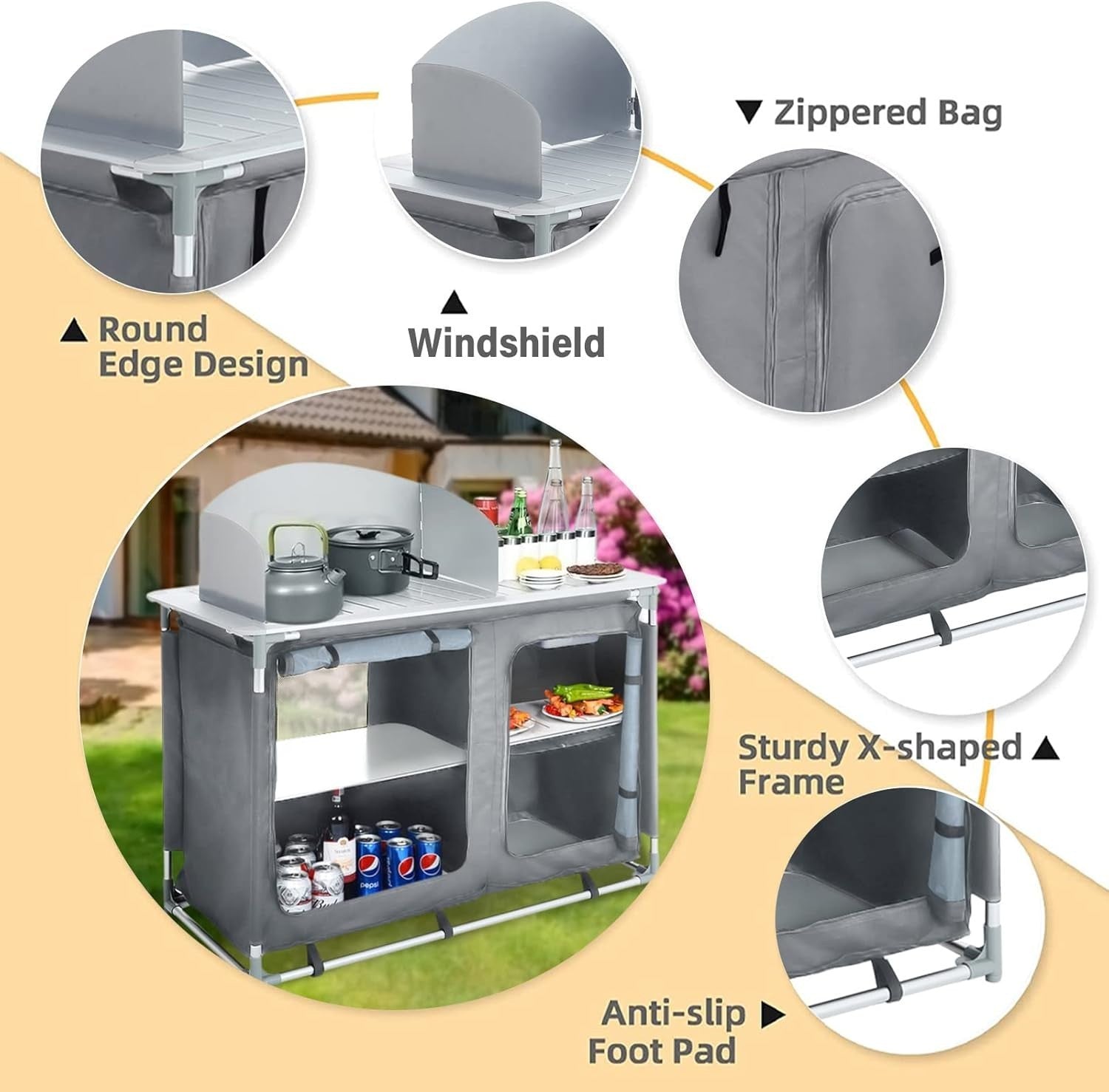 Portable Camping Kitchen Unit Foldable Outdoor Storage Cupboard with Heat-Resist