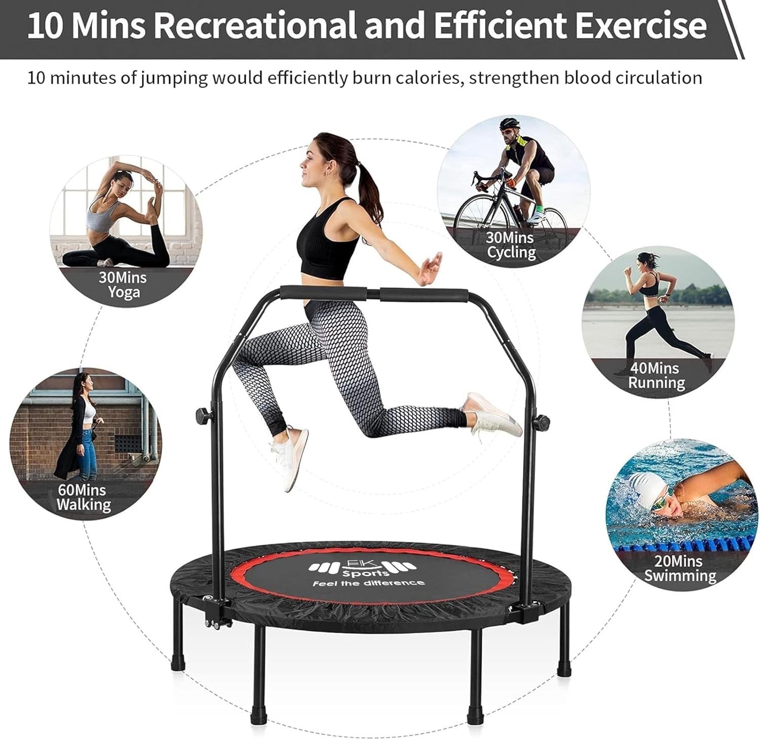 40” Foldable Mini Fitness Trampoline Rebounder Adjustable Handle