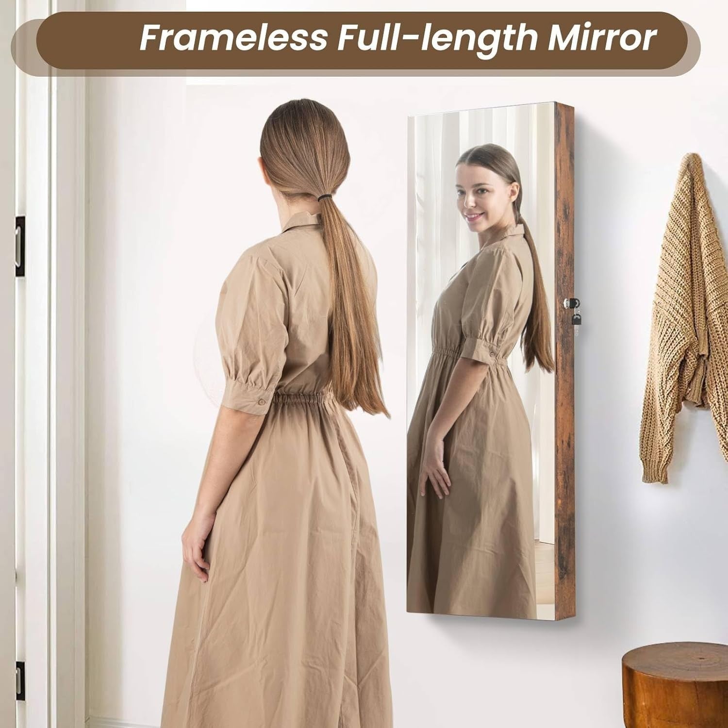 Rustic Brown Mirrored Jewelry Cabinet Wall Mount Lockable Slim Storage