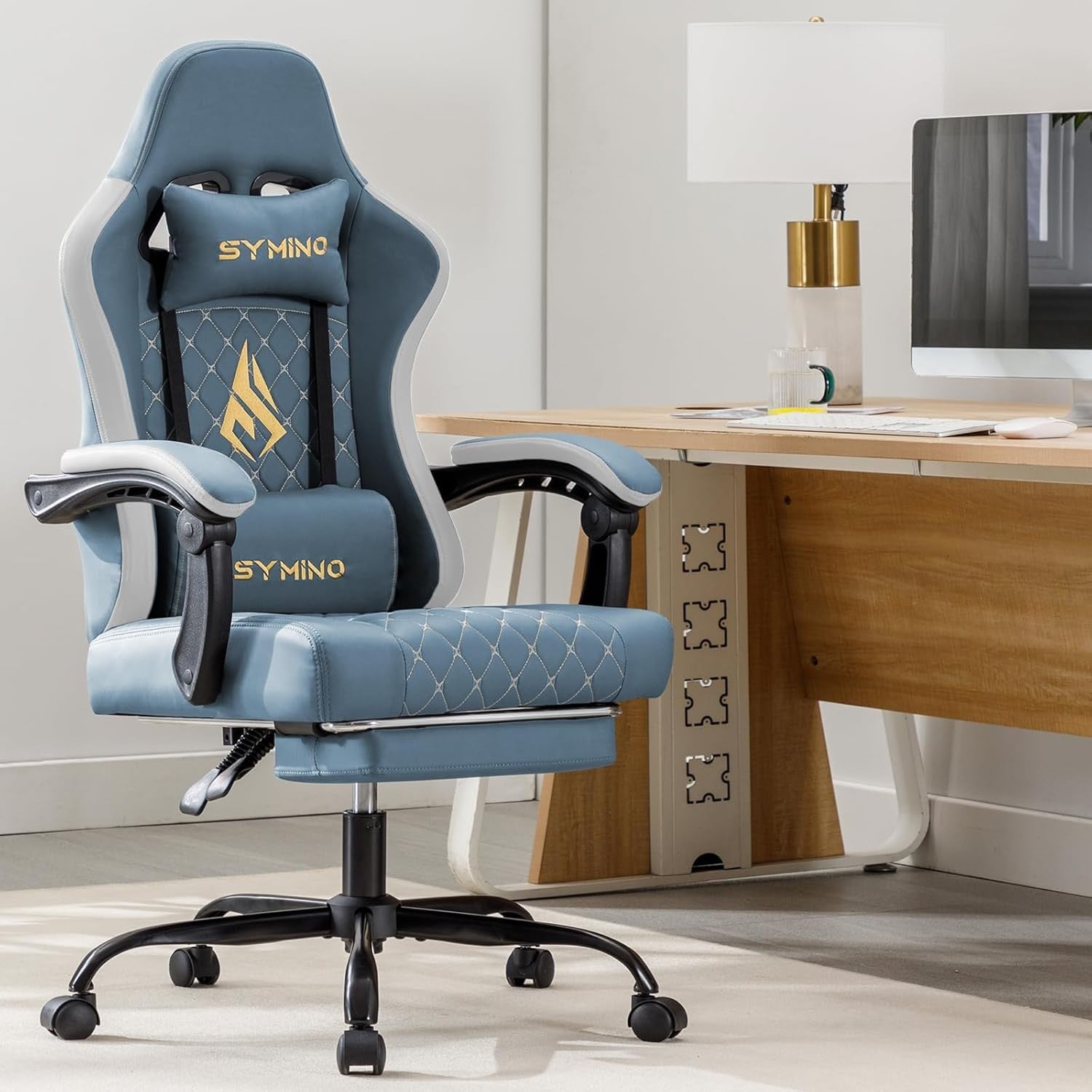 Ergonomic Gaming Chair w/ Footrest Reclining PU Leather Blue