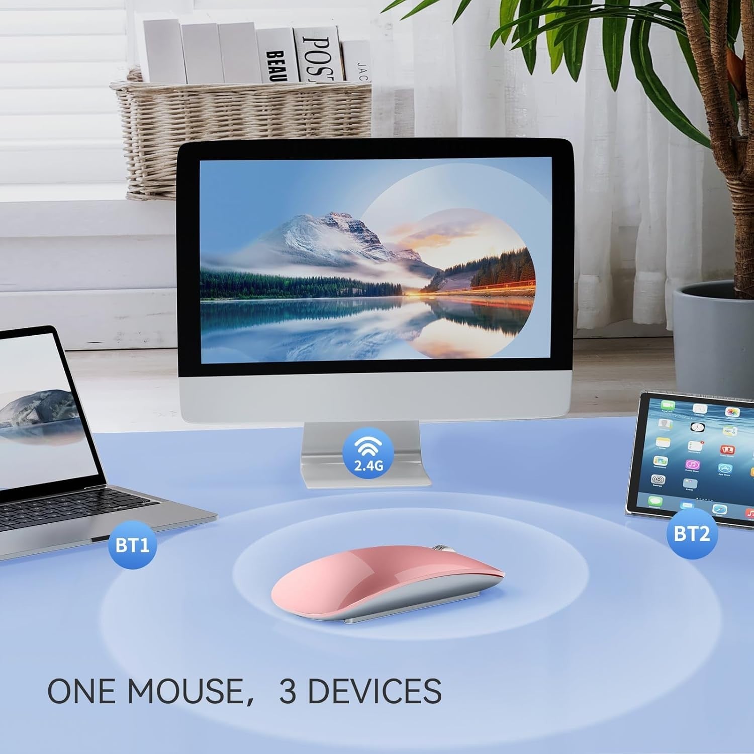 Rose Gold Ultra Slim Bluetooth Mouse Silent Triple Mode USB C Rechargeable