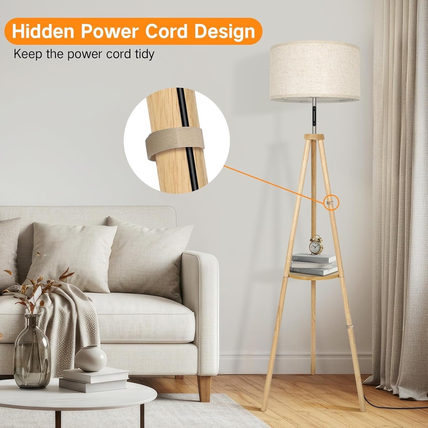 Wooden Tripod Floor Lamp Touch Control Dimmable Remote Shelf Linen Shade