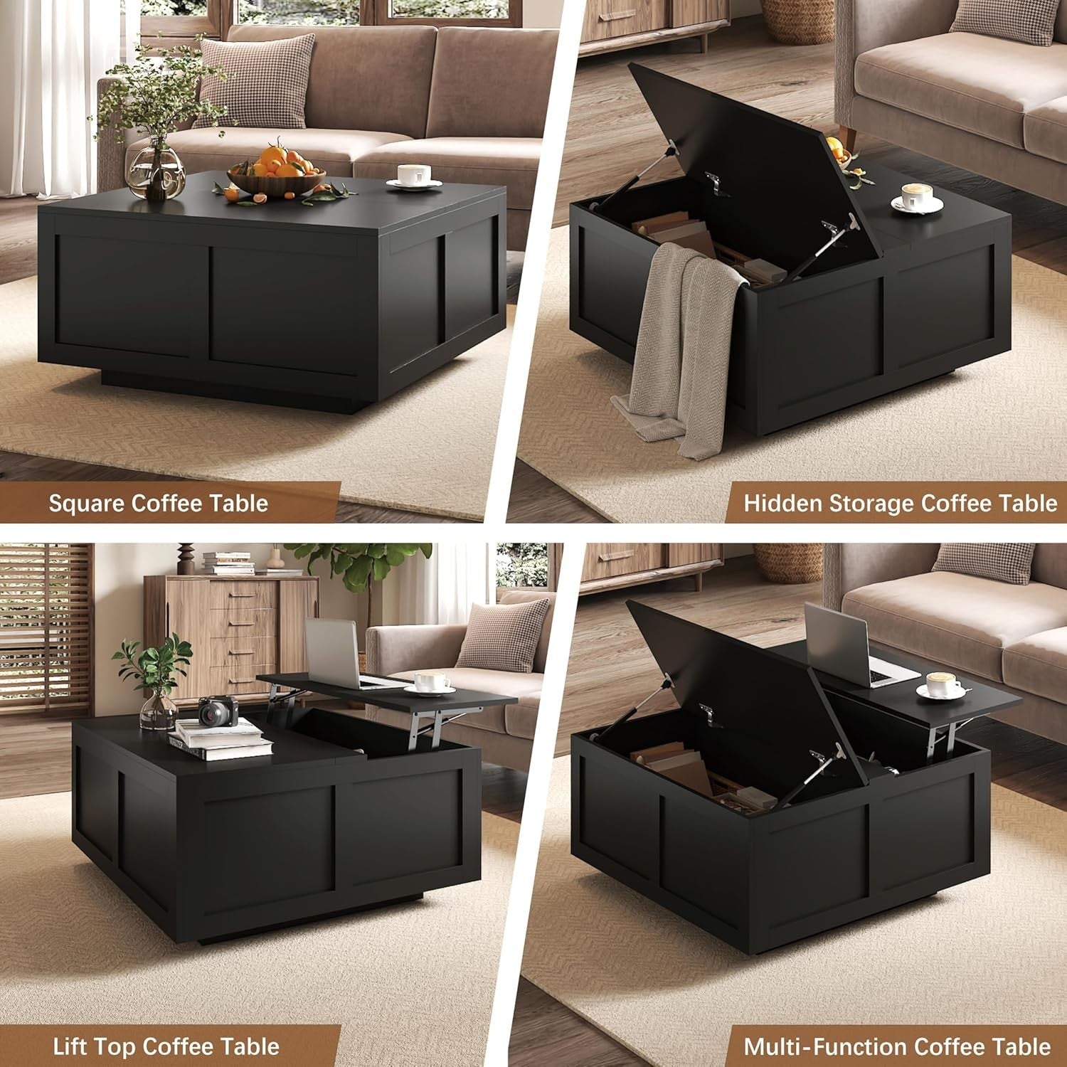 Lift Top Coffee Table with Storage, Hydraulic Lift, Hidden Compartments, Black