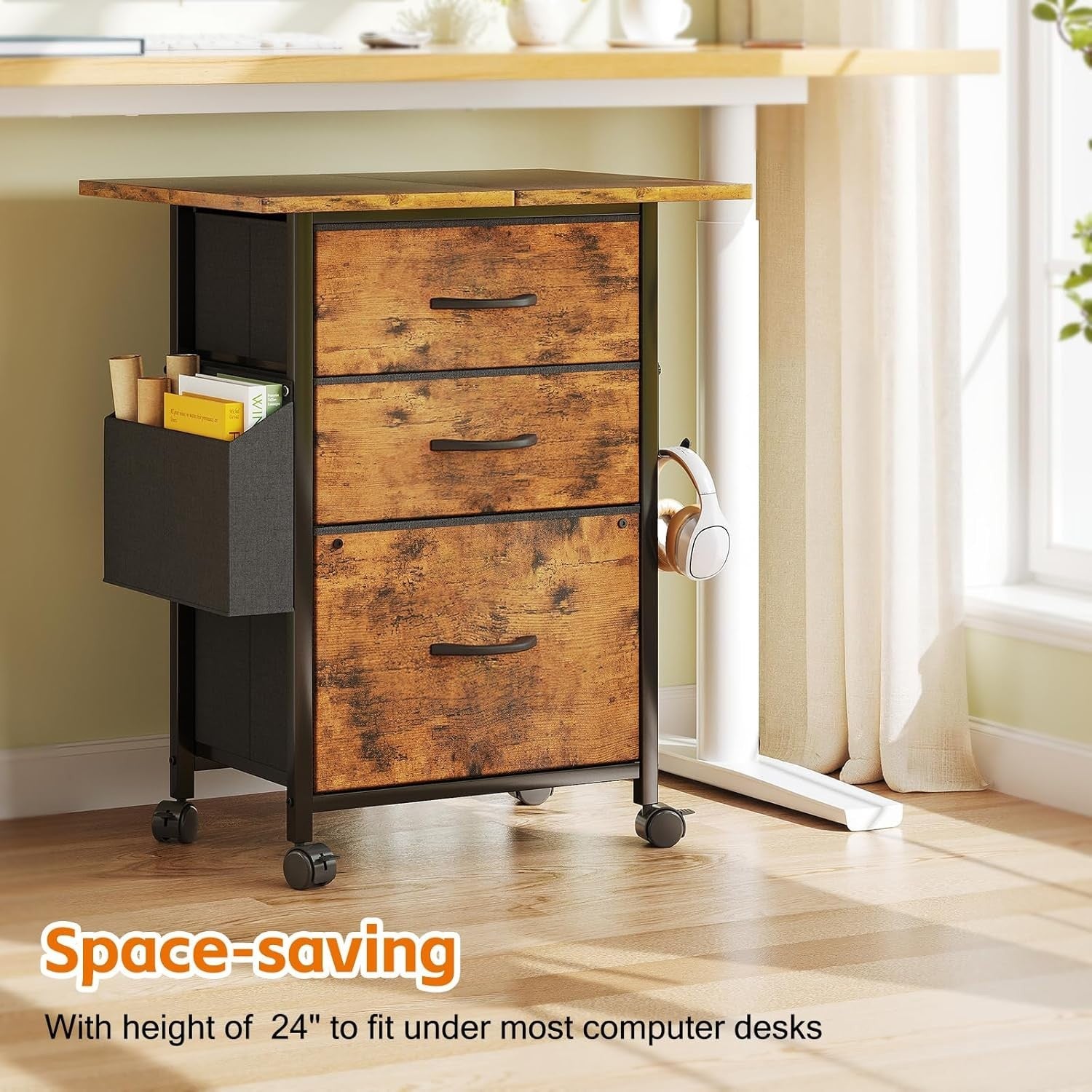 Rustic Mobile File Cabinet 3 Drawer Fabric Rolling Printer Stand