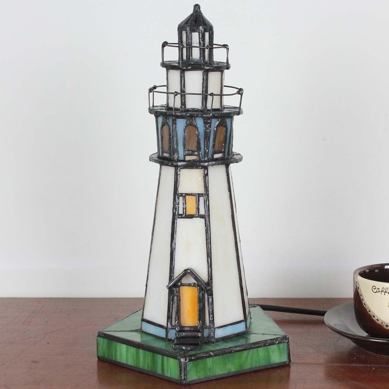 Lighthouse Table Lamp Stained Glass 15x15x28cm Accent Night Light