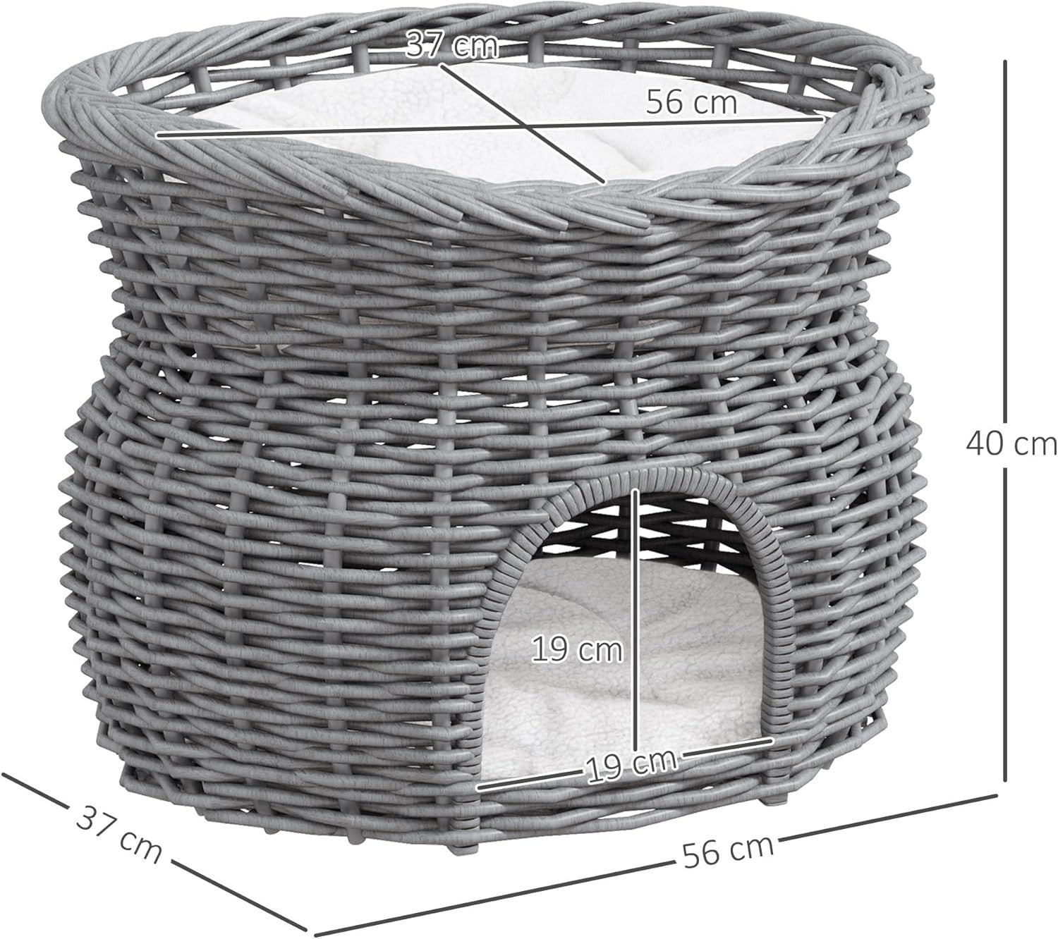 2 Tier Wicker Cat House Elevated Bed Basket Cave w Washable Cushions