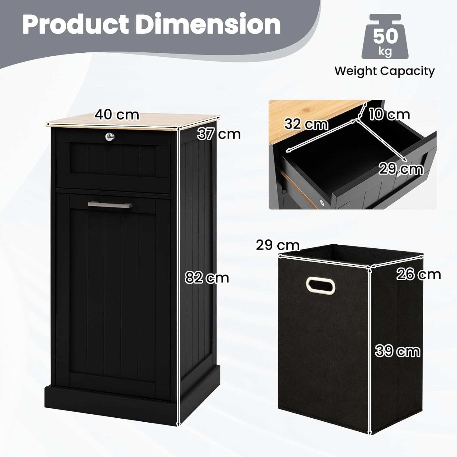 30L Black Tilt-Out Laundry Cabinet With Drawer Bamboo Top Modern Storage