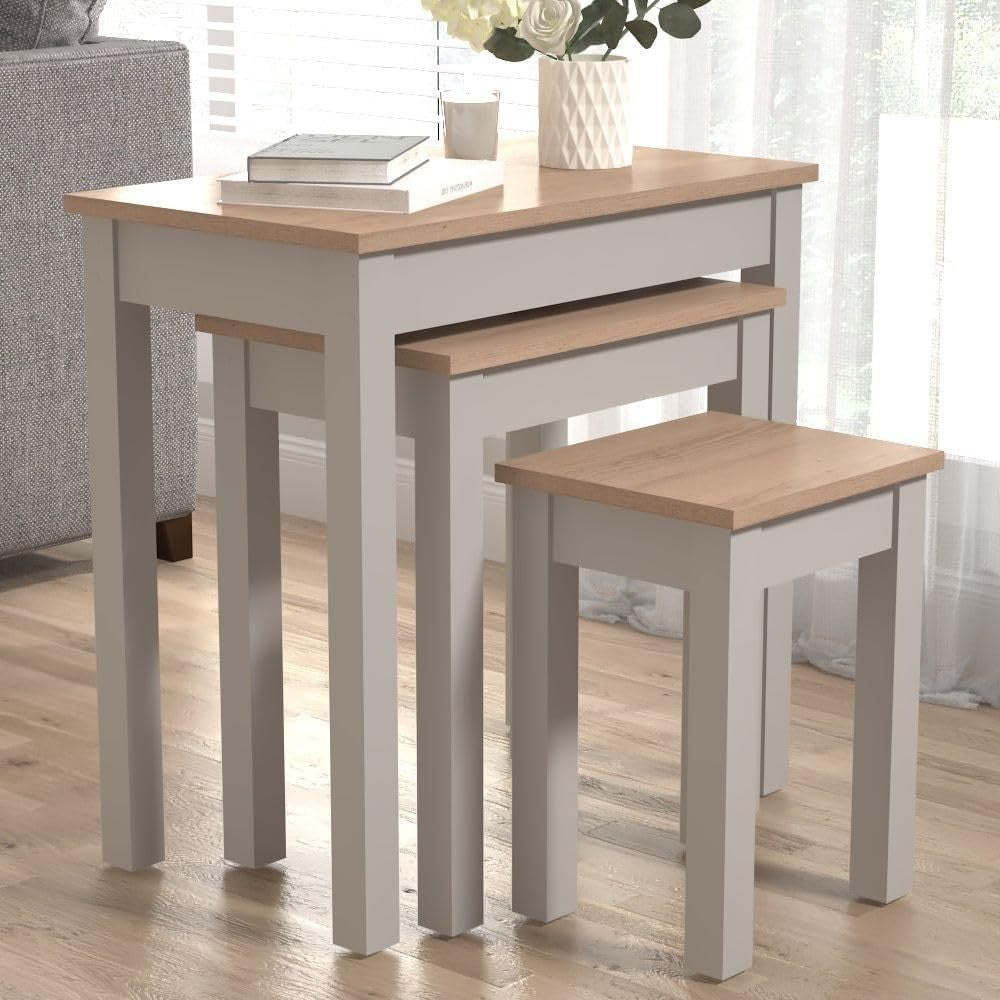 Space Saving Nesting End Tables 3 Piece Light Grey/Oak Engineered Wood