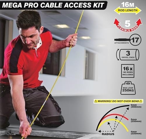 16M Cable Access Rod Kit 17pc Electrical Fish Tape Rods Attachments Tools Set