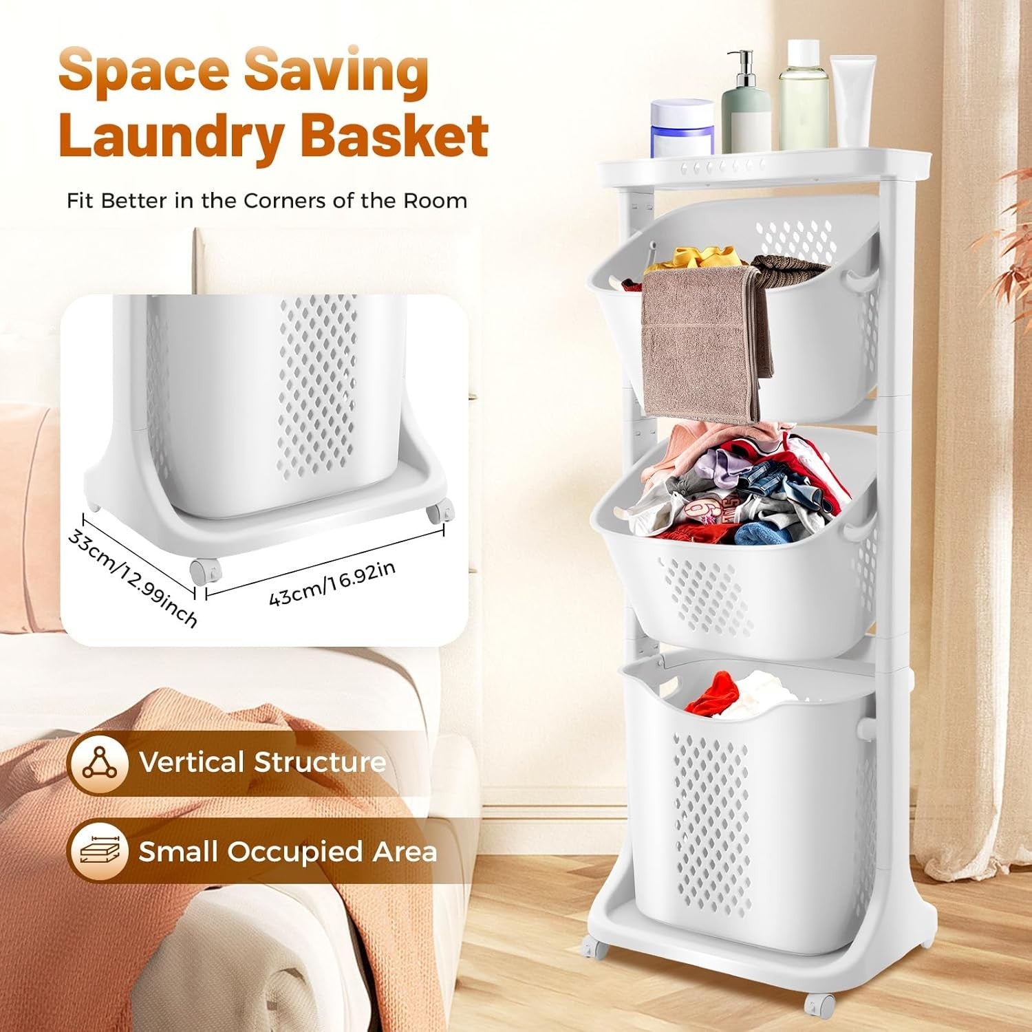 4-Tier Laundry Cart with Wheels Space Saving Hamper & Storage Baskets White