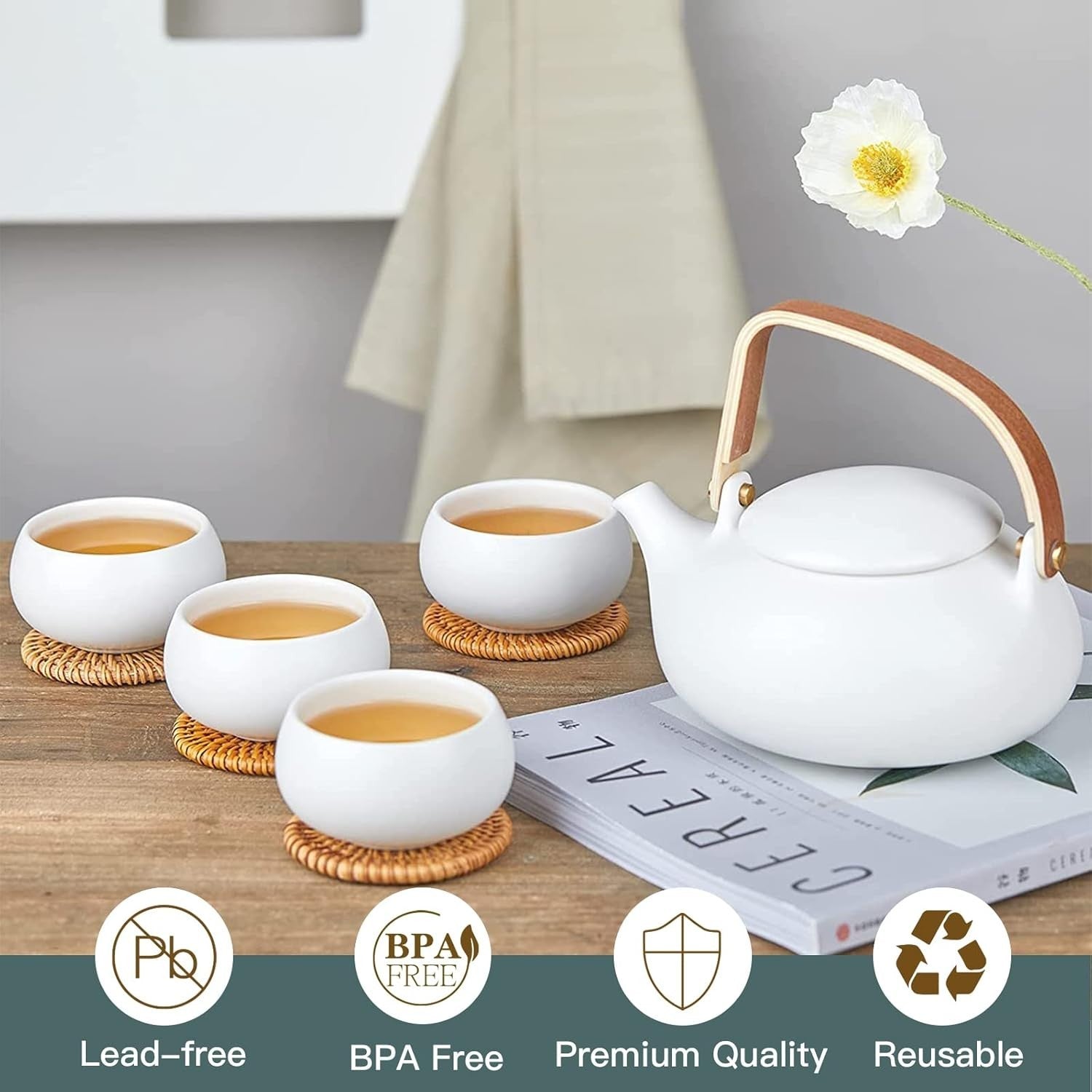 Japanese Tea Set 800ml Ceramic Teapot Infuser 4 Cups Matte White