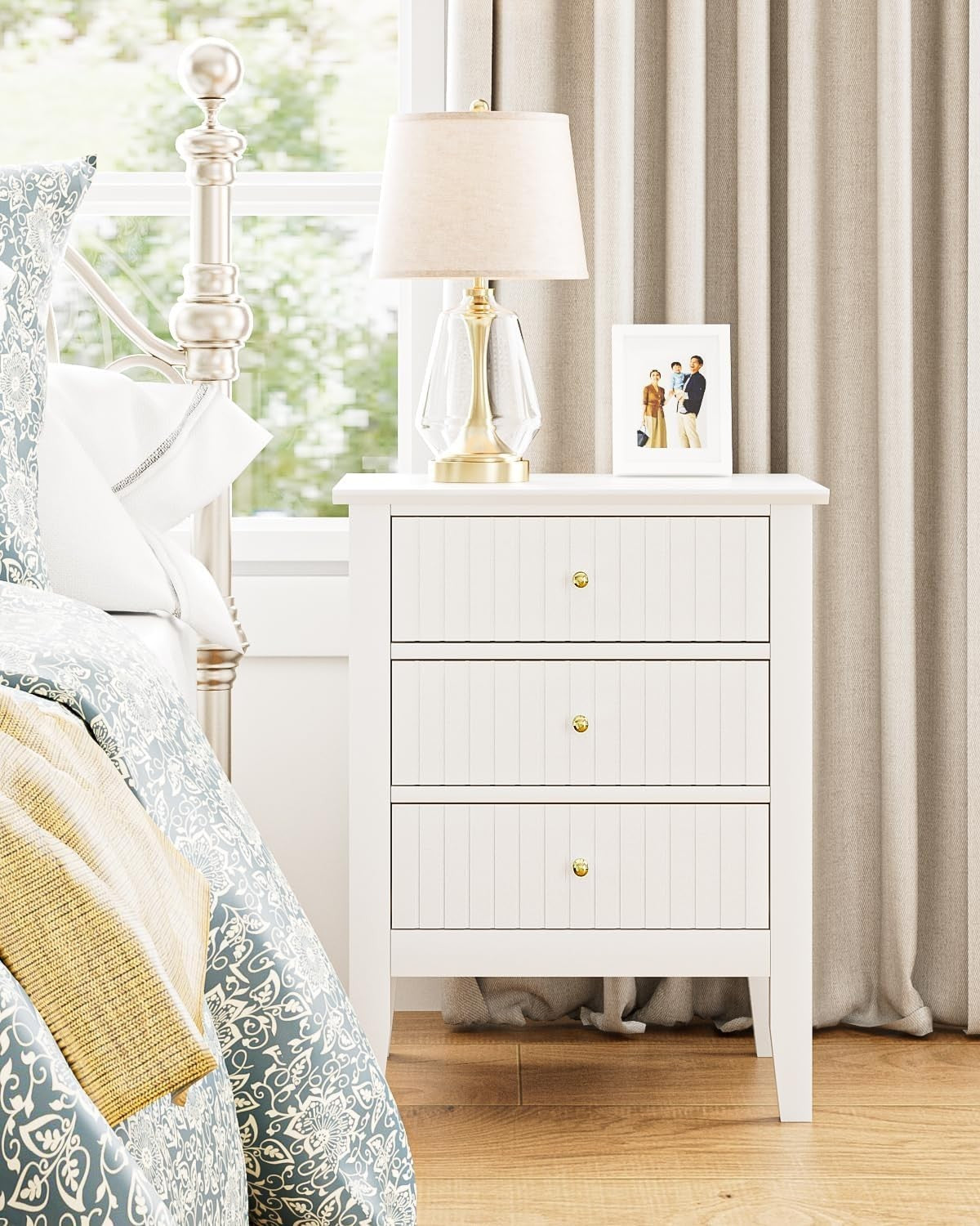 Modern White Bedside Table with 3 Drawers Wooden Nightstand Bedroom Storage